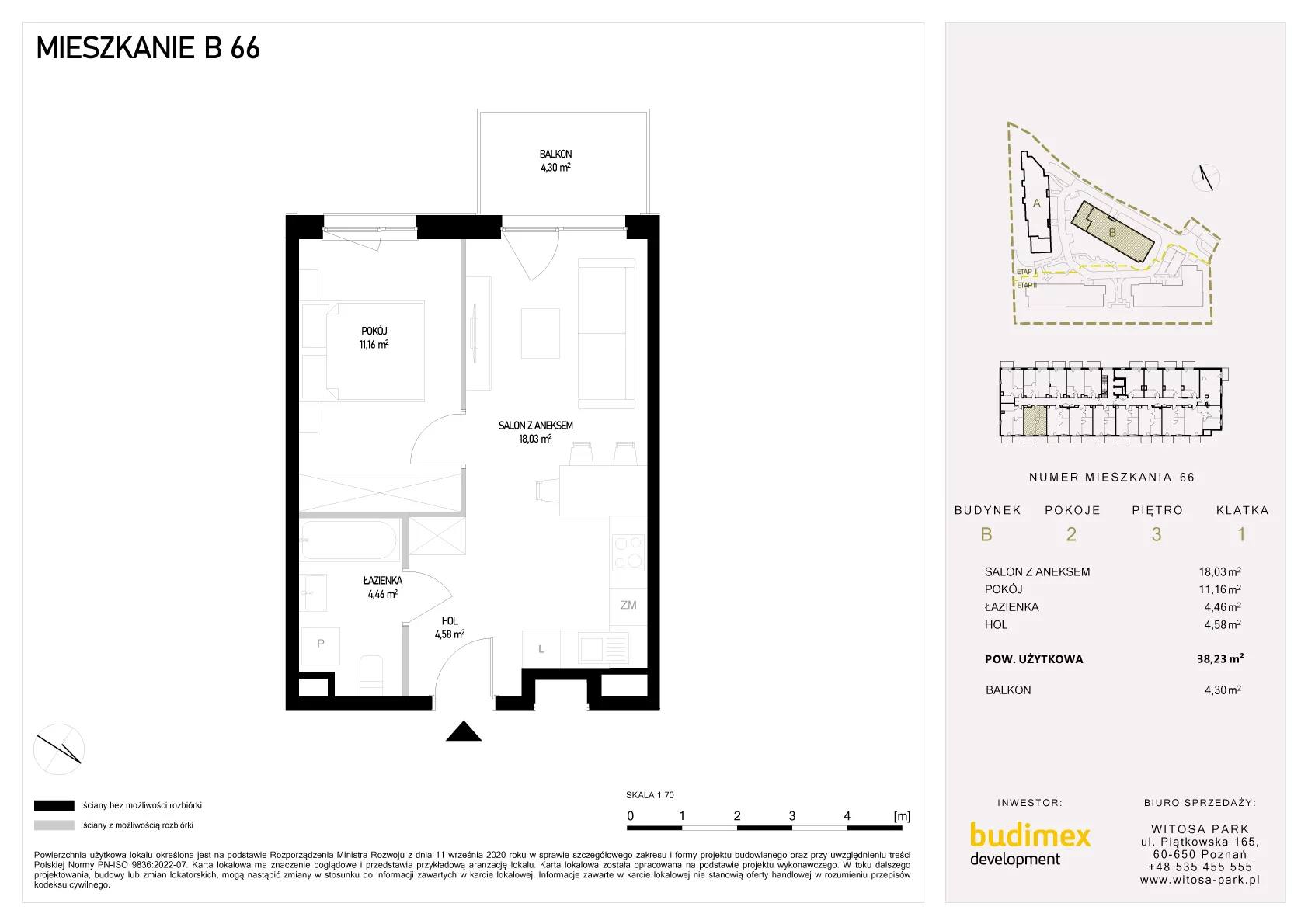 2 pokoje, mieszkanie 38,23 m², piętro 3, oferta nr B/66, Witosa Park, Poznań, Winiary, Winiary, ul. Piątkowska 165 A-B