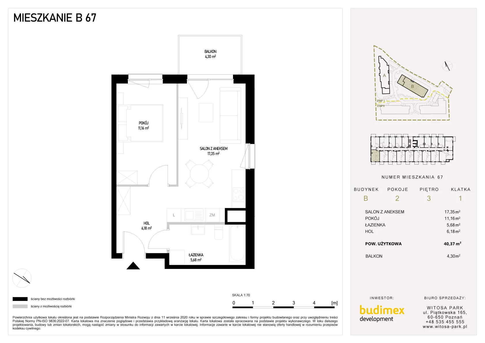 2 pokoje, mieszkanie 40,37 m², piętro 3, oferta nr B/67, Witosa Park, Poznań, Winiary, Winiary, ul. Piątkowska 165 A-B