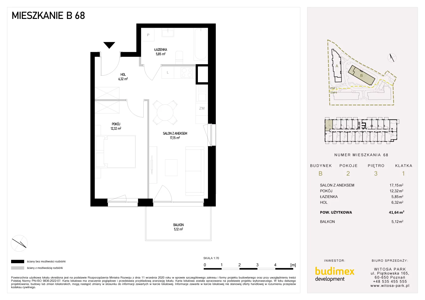 2 pokoje, mieszkanie 41,64 m², piętro 3, oferta nr B/68, Witosa Park, Poznań, Winiary, Winiary, ul. Piątkowska 165 A-B