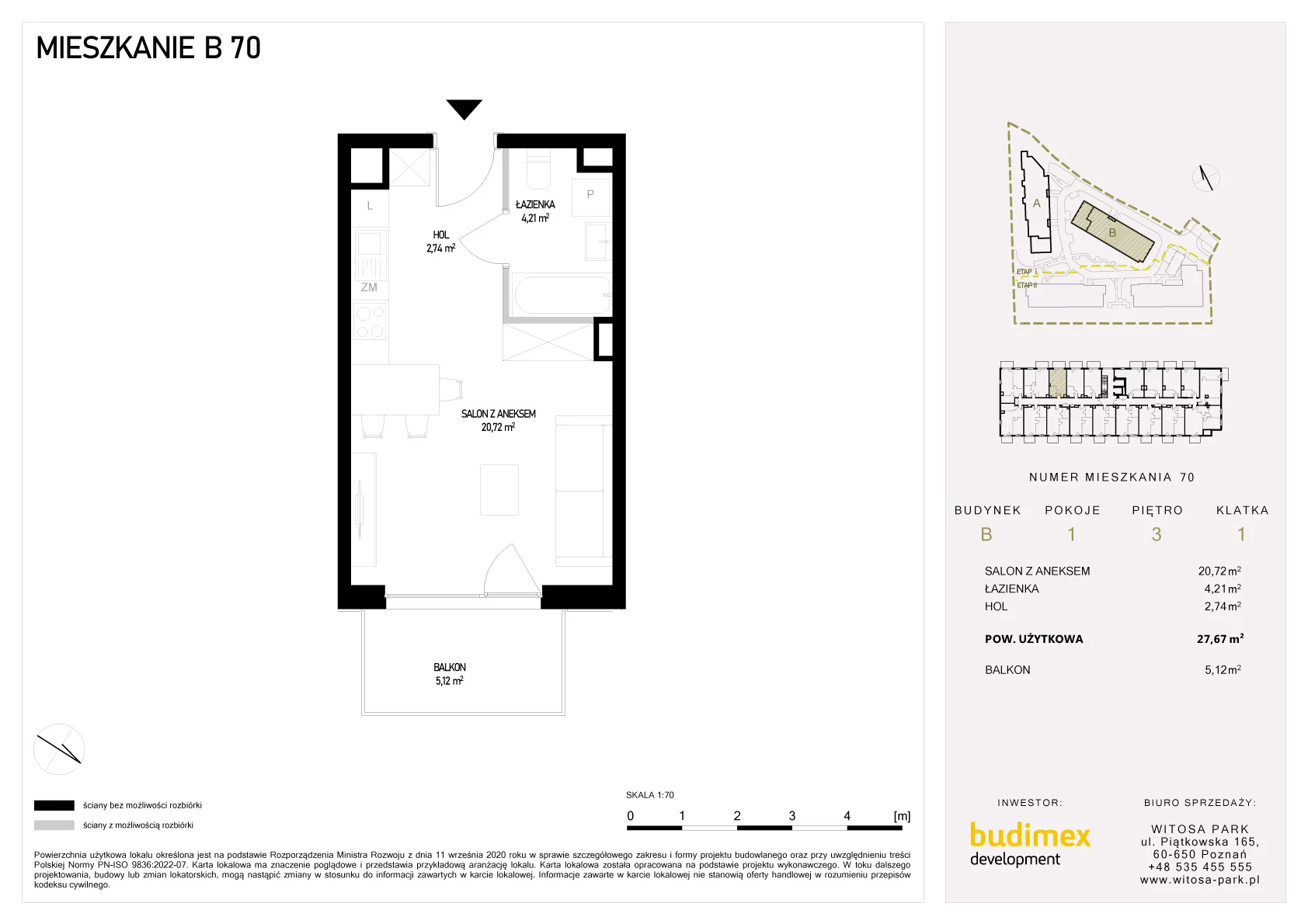 1 pokój, mieszkanie 27,67 m², piętro 3, oferta nr B/70, Witosa Park, Poznań, Winiary, Winiary, ul. Piątkowska 165 A-B