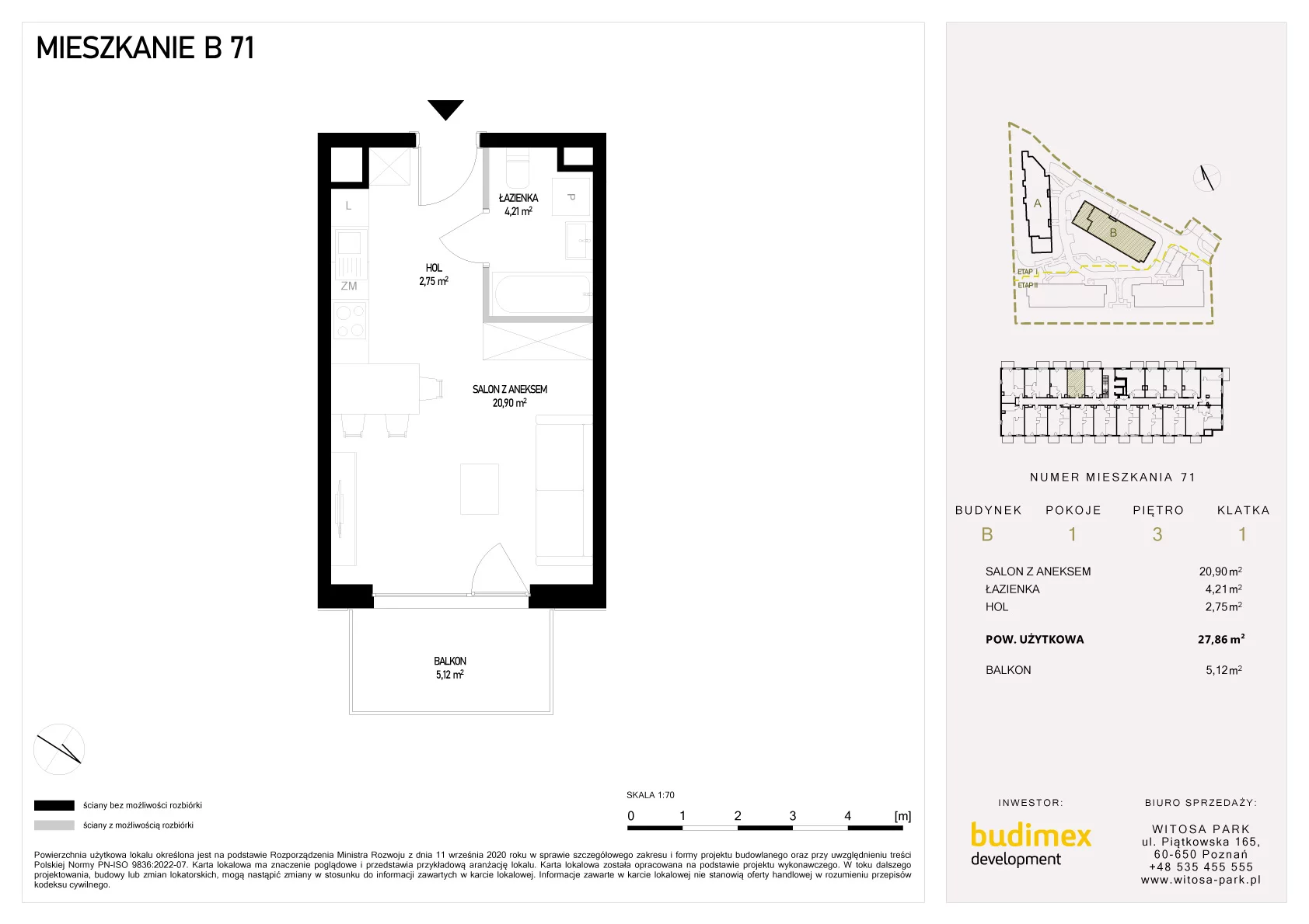 1 pokój, mieszkanie 27,86 m², piętro 3, oferta nr B/71, Witosa Park, Poznań, Winiary, Winiary, ul. Piątkowska 165 A-B