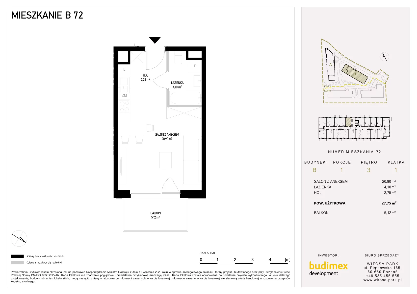 1 pokój, mieszkanie 27,75 m², piętro 3, oferta nr B/72, Witosa Park, Poznań, Winiary, Winiary, ul. Piątkowska 165 A-B