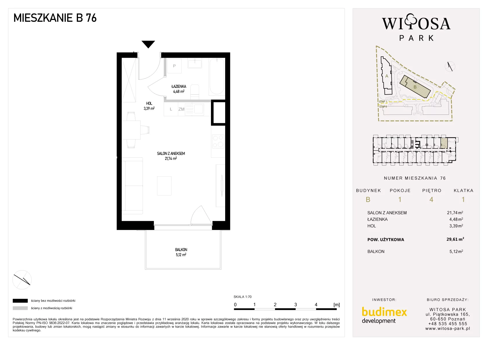 1 pokój, mieszkanie 29,61 m², piętro 4, oferta nr B/76, Witosa Park, Poznań, Winiary, Winiary, ul. Piątkowska 165 A-B