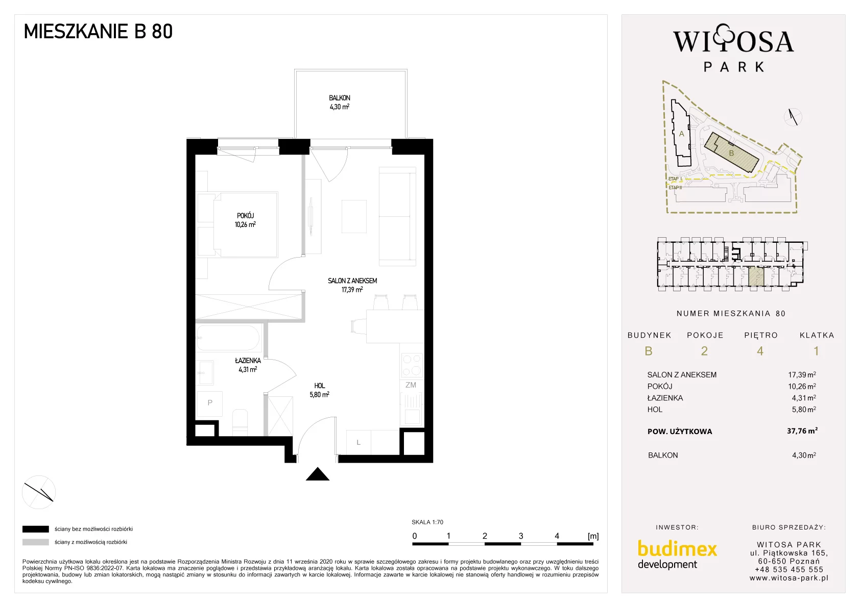 2 pokoje, mieszkanie 37,76 m², piętro 4, oferta nr B/80, Witosa Park, Poznań, Winiary, Winiary, ul. Piątkowska 165 A-B