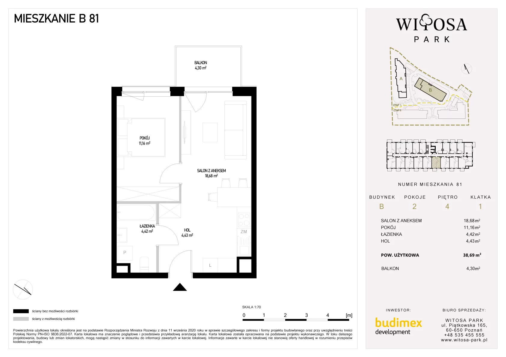 2 pokoje, mieszkanie 38,69 m², piętro 4, oferta nr B/81, Witosa Park, Poznań, Winiary, Winiary, ul. Piątkowska 165 A-B
