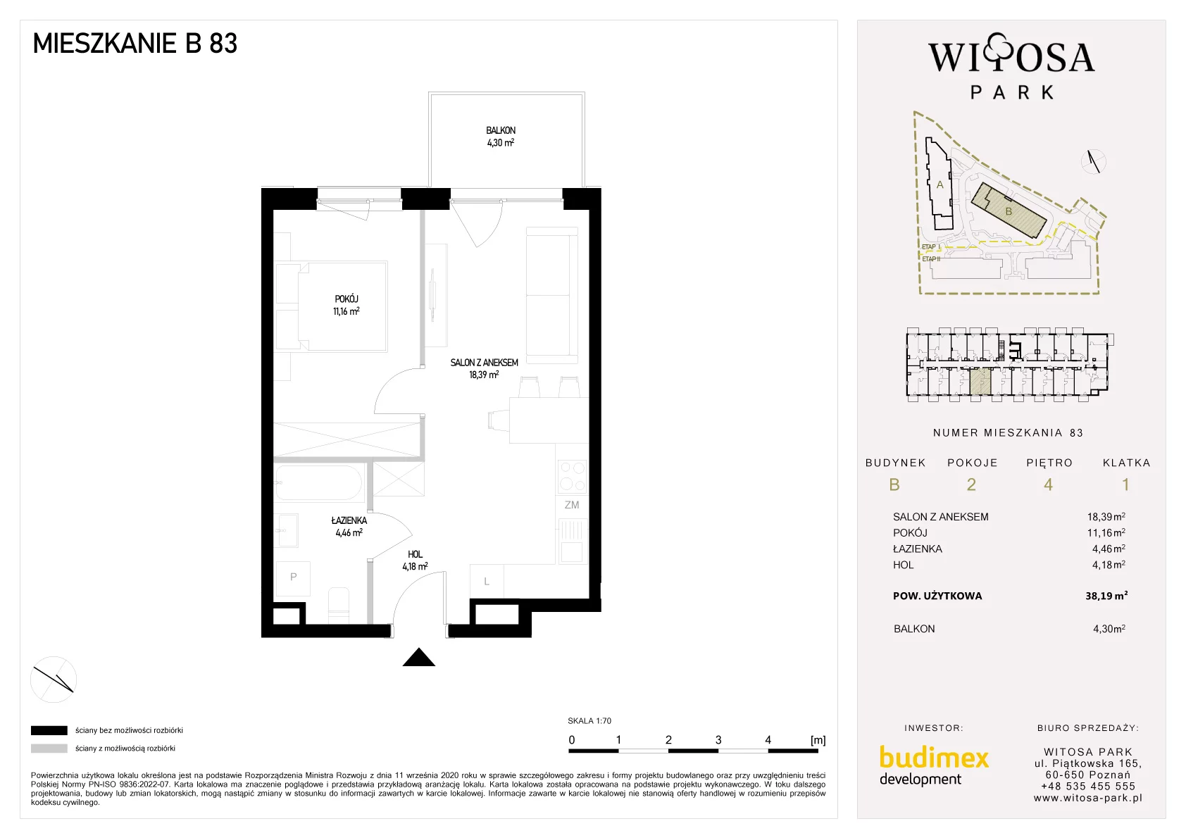 2 pokoje, mieszkanie 38,19 m², piętro 4, oferta nr B/83, Witosa Park, Poznań, Winiary, Winiary, ul. Piątkowska 165 A-B