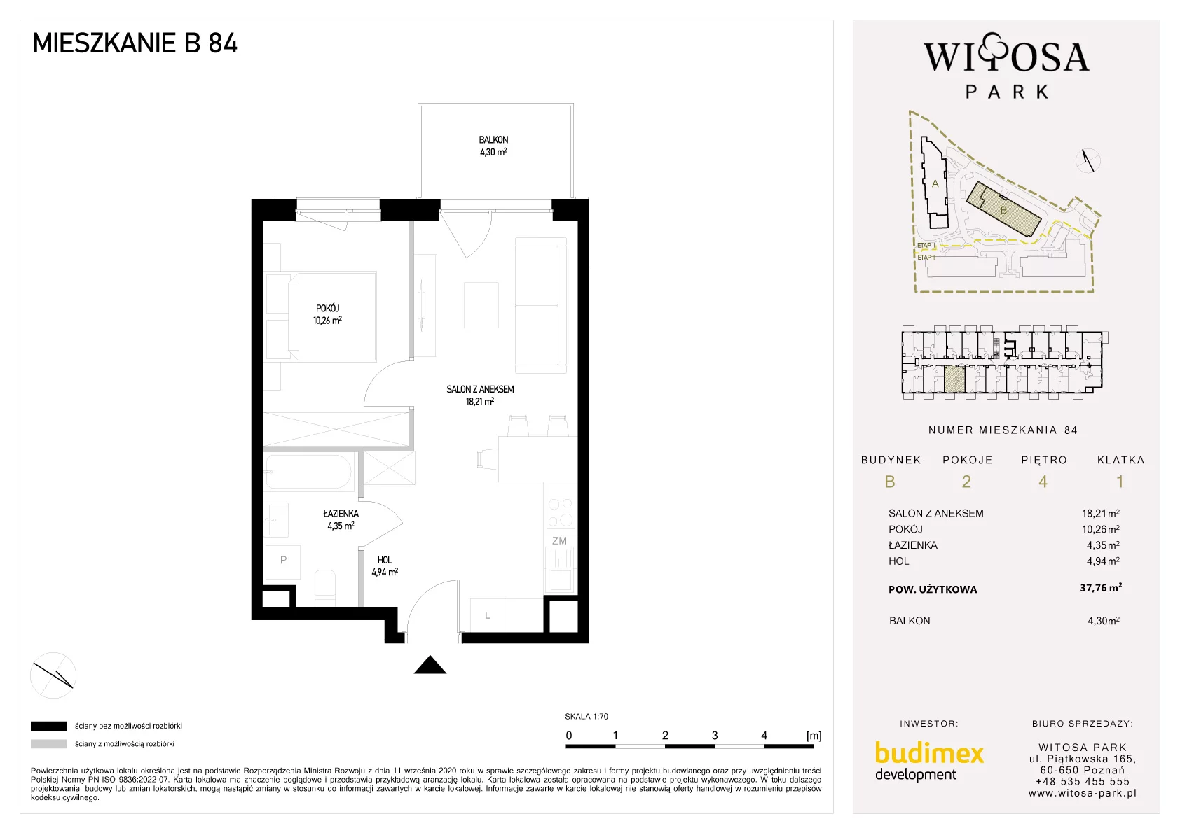 2 pokoje, mieszkanie 37,76 m², piętro 4, oferta nr B/84, Witosa Park, Poznań, Winiary, Winiary, ul. Piątkowska 165 A-B