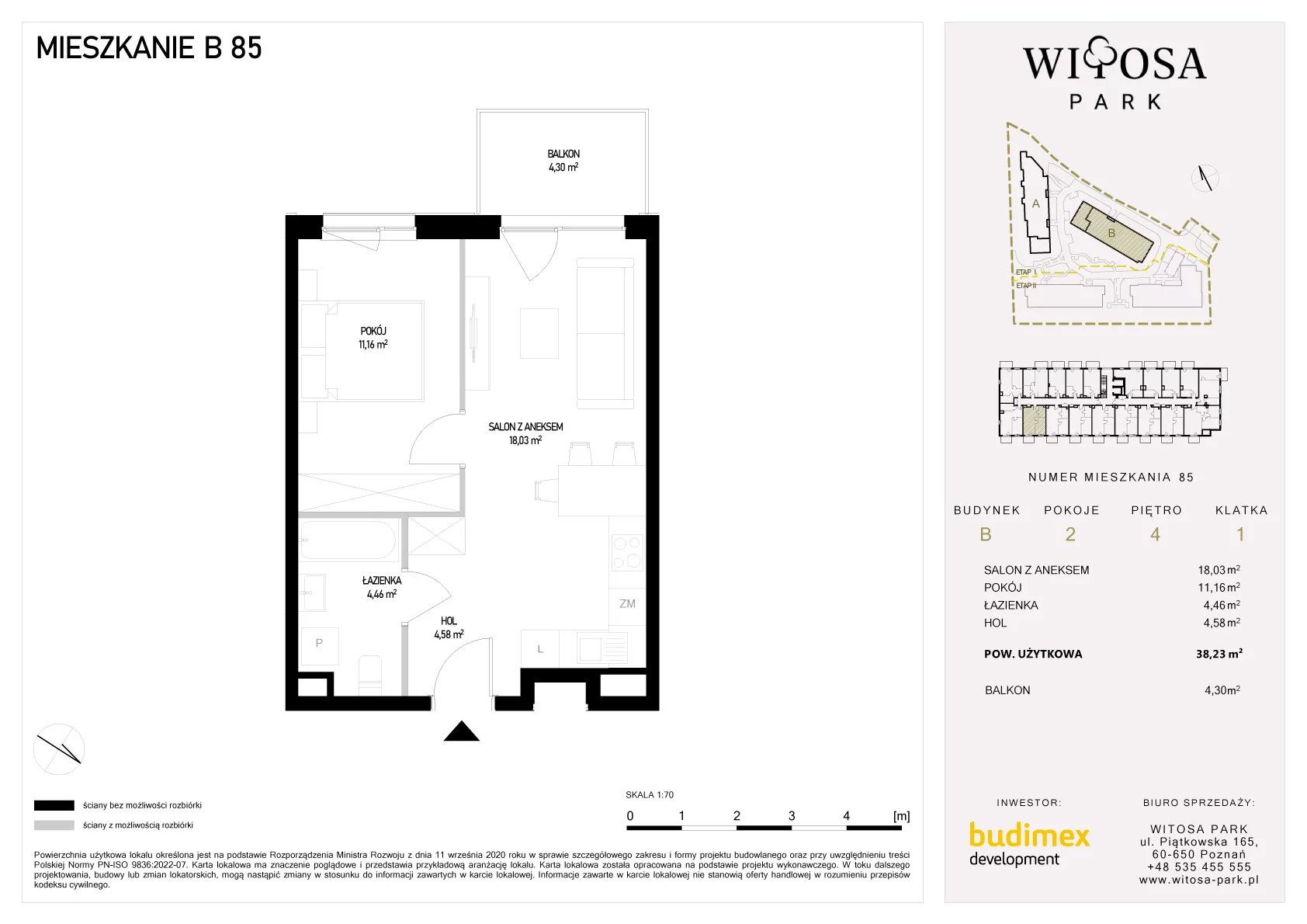 2 pokoje, mieszkanie 38,23 m², piętro 4, oferta nr B/85, Witosa Park, Poznań, Winiary, Winiary, ul. Piątkowska 165 A-B