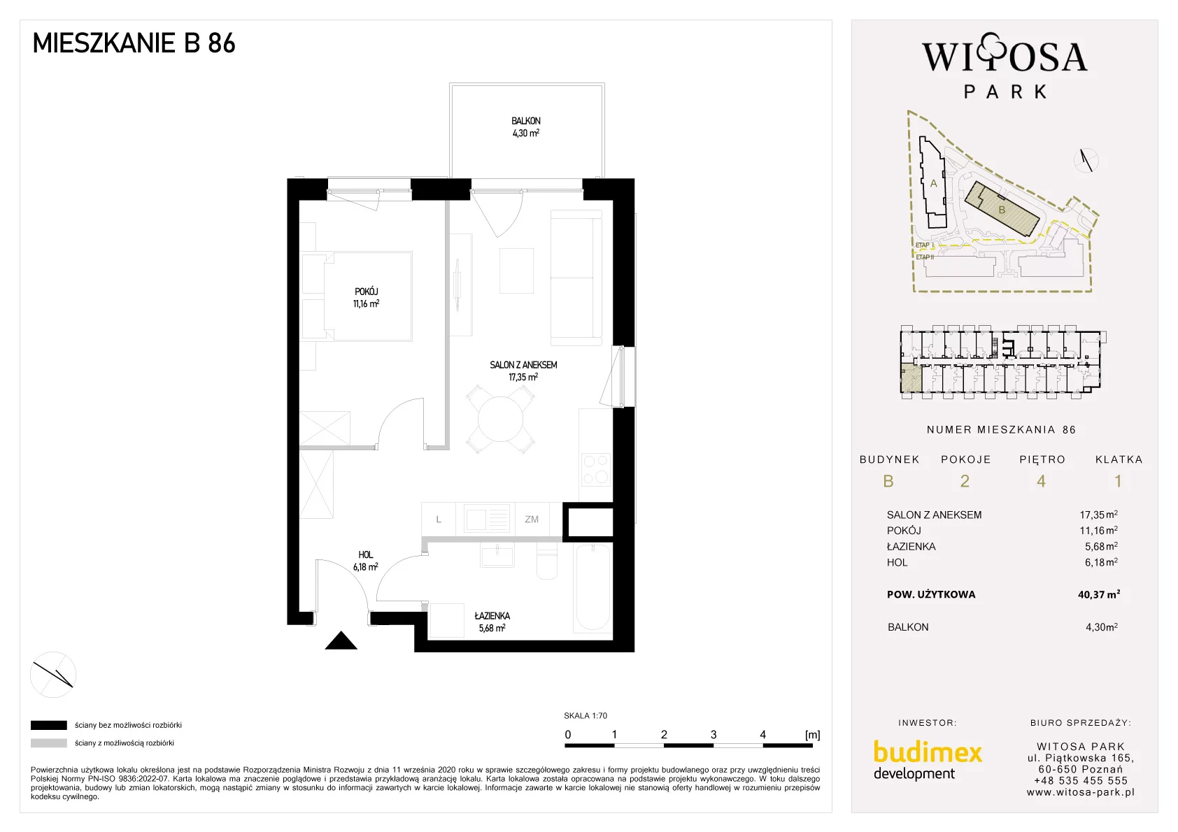 2 pokoje, mieszkanie 40,37 m², piętro 4, oferta nr B/86, Witosa Park, Poznań, Winiary, Winiary, ul. Piątkowska 165 A-B