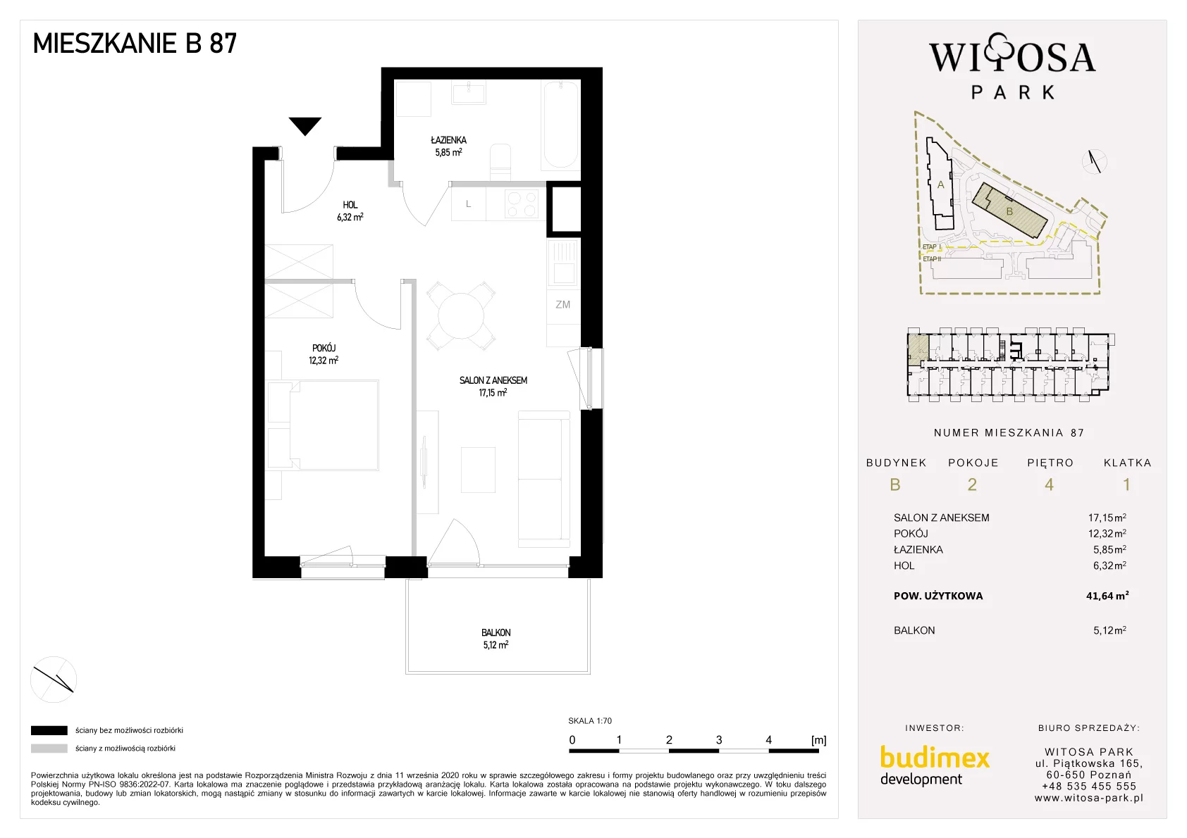 2 pokoje, mieszkanie 41,64 m², piętro 4, oferta nr B/87, Witosa Park, Poznań, Winiary, Winiary, ul. Piątkowska 165 A-B