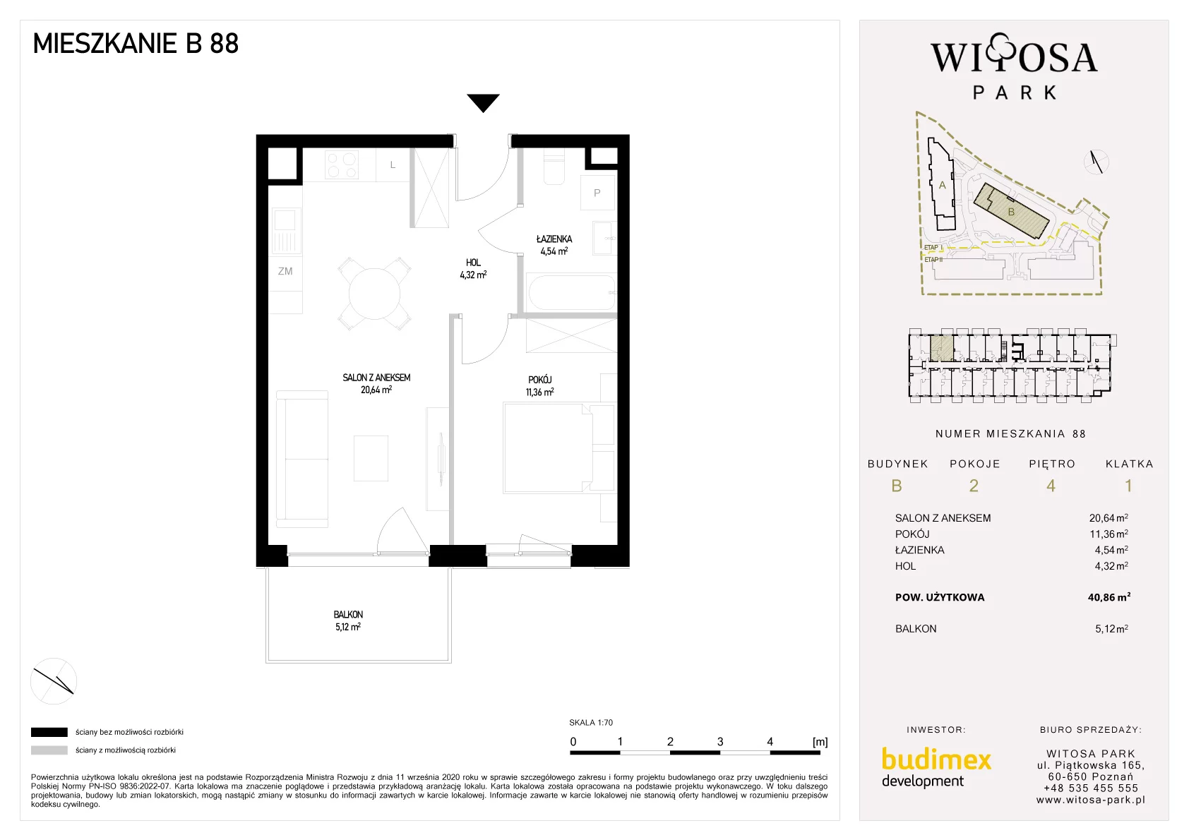 2 pokoje, mieszkanie 40,86 m², piętro 4, oferta nr B/88, Witosa Park, Poznań, Winiary, Winiary, ul. Piątkowska 165 A-B