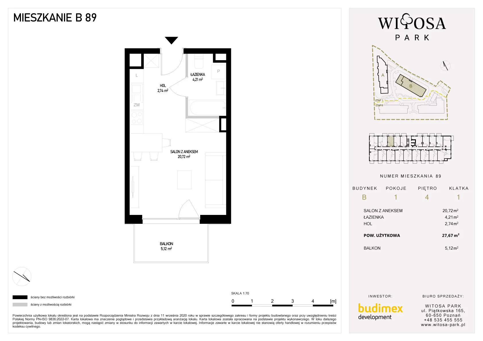 1 pokój, mieszkanie 27,67 m², piętro 4, oferta nr B/89, Witosa Park, Poznań, Winiary, Winiary, ul. Piątkowska 165 A-B