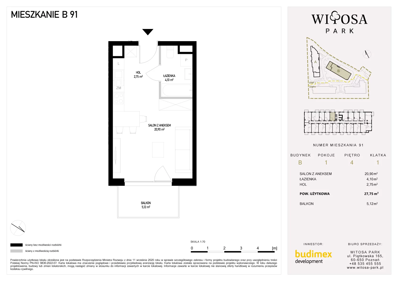 1 pokój, mieszkanie 27,75 m², piętro 4, oferta nr B/91, Witosa Park, Poznań, Winiary, Winiary, ul. Piątkowska 165 A-B