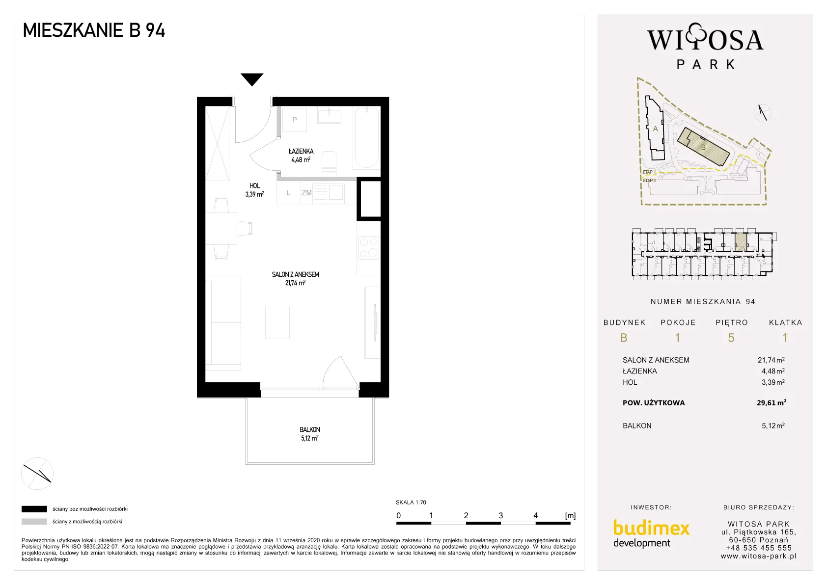 1 pokój, mieszkanie 29,61 m², piętro 5, oferta nr B/94, Witosa Park, Poznań, Winiary, Winiary, ul. Piątkowska 165 A-B