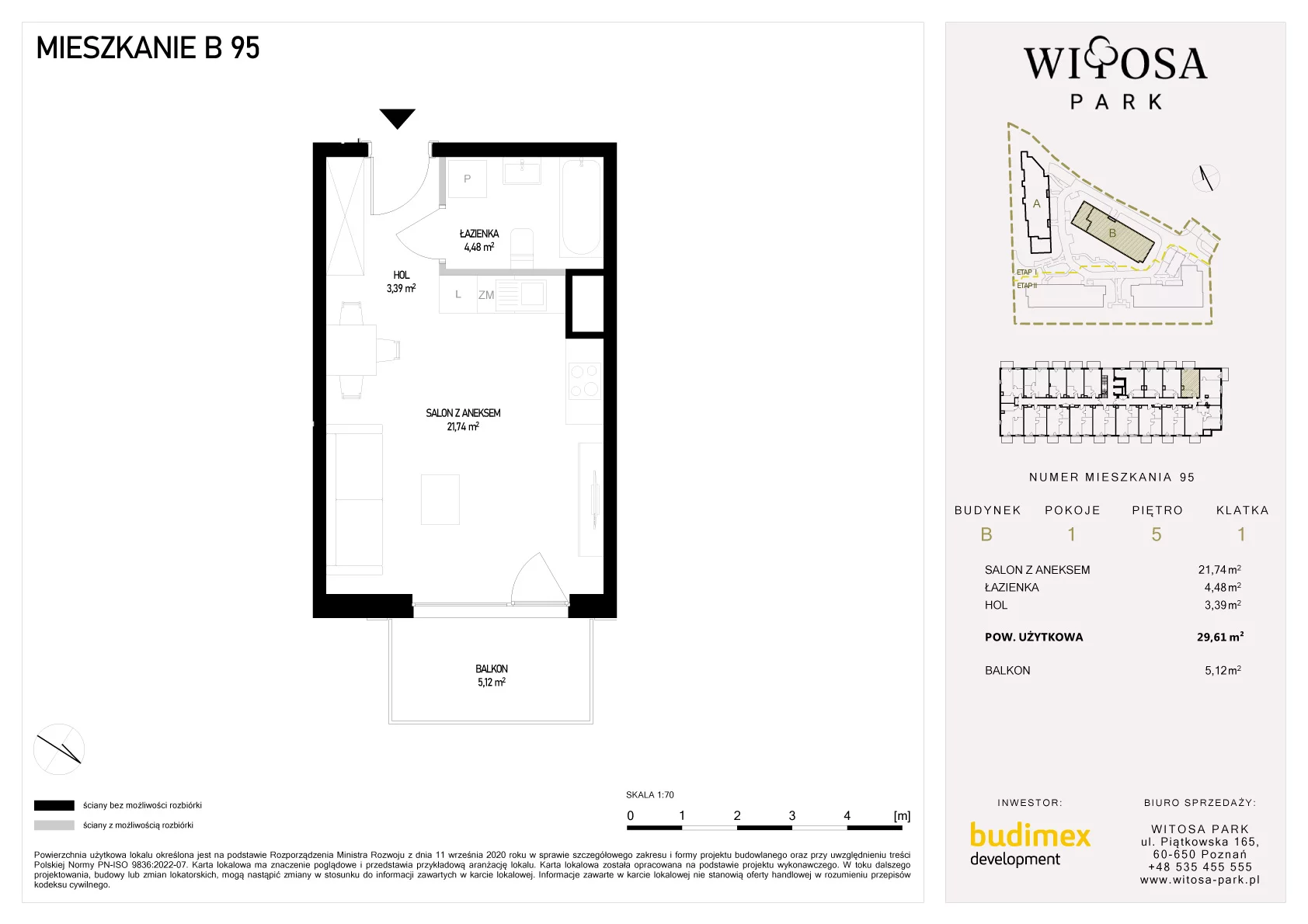 1 pokój, mieszkanie 29,61 m², piętro 5, oferta nr B/95, Witosa Park, Poznań, Winiary, Winiary, ul. Piątkowska 165 A-B