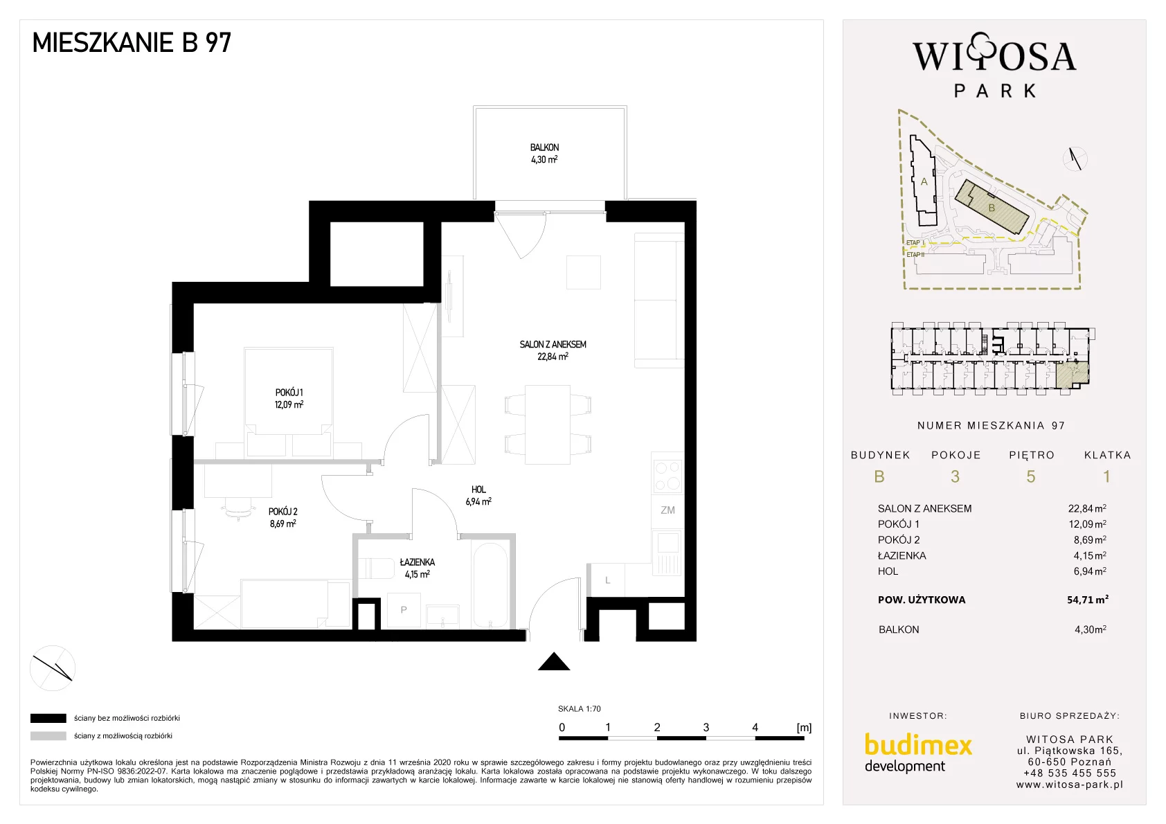 3 pokoje, mieszkanie 54,71 m², piętro 5, oferta nr B/97, Witosa Park, Poznań, Winiary, Winiary, ul. Piątkowska 165 A-B