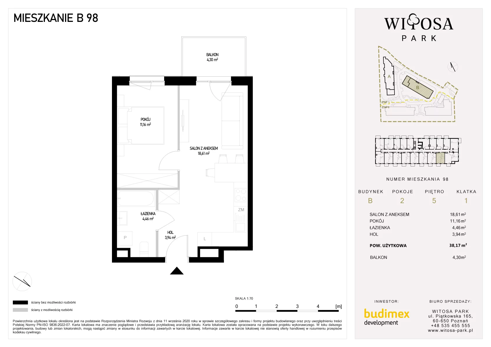 2 pokoje, mieszkanie 38,17 m², piętro 5, oferta nr B/98, Witosa Park, Poznań, Winiary, Winiary, ul. Piątkowska 165 A-B