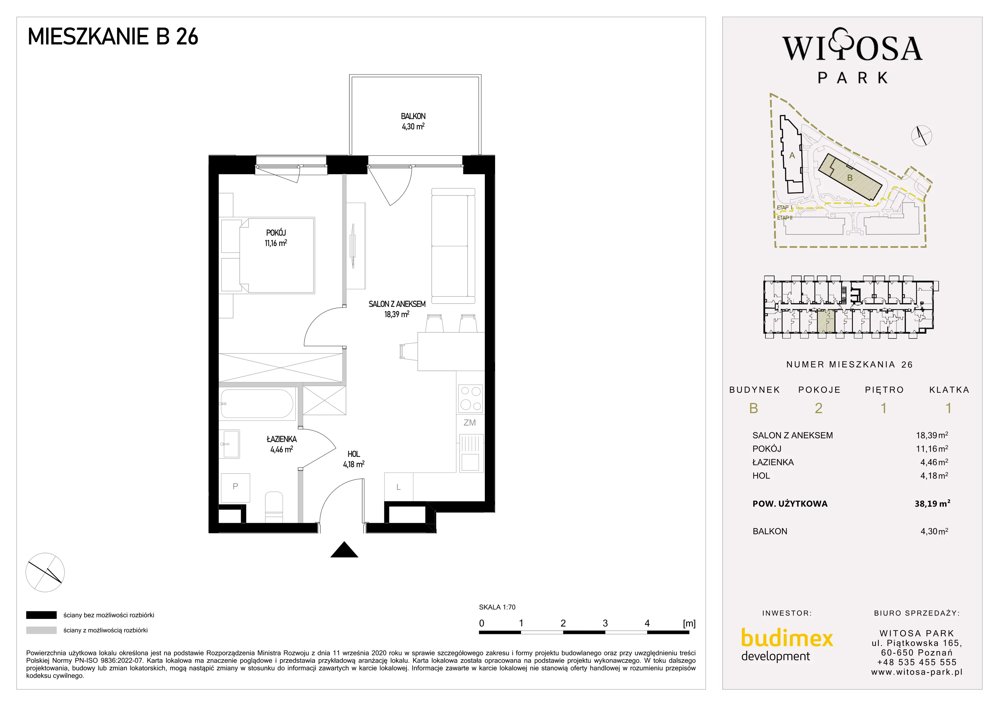 2 pokoje, mieszkanie 38,19 m², piętro 1, oferta nr B/26, Witosa Park, Poznań, Winiary, Winiary, ul. Piątkowska 165 A-B