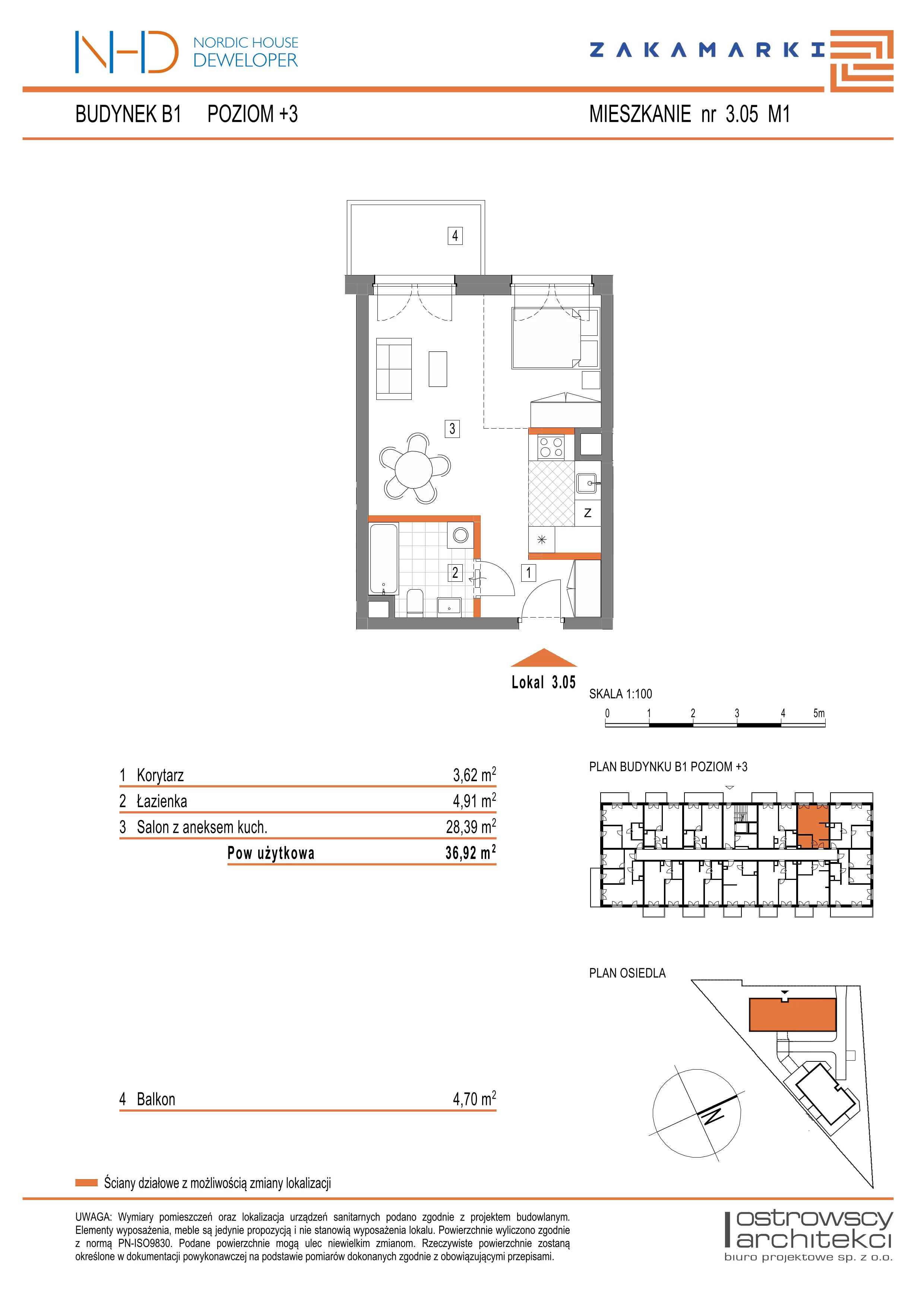 Mieszkanie 36,92 m², piętro 3, oferta nr B1.3.05, Zakamarki, Marki, Aleja Marszałka Józefa Piłsudskiego 102