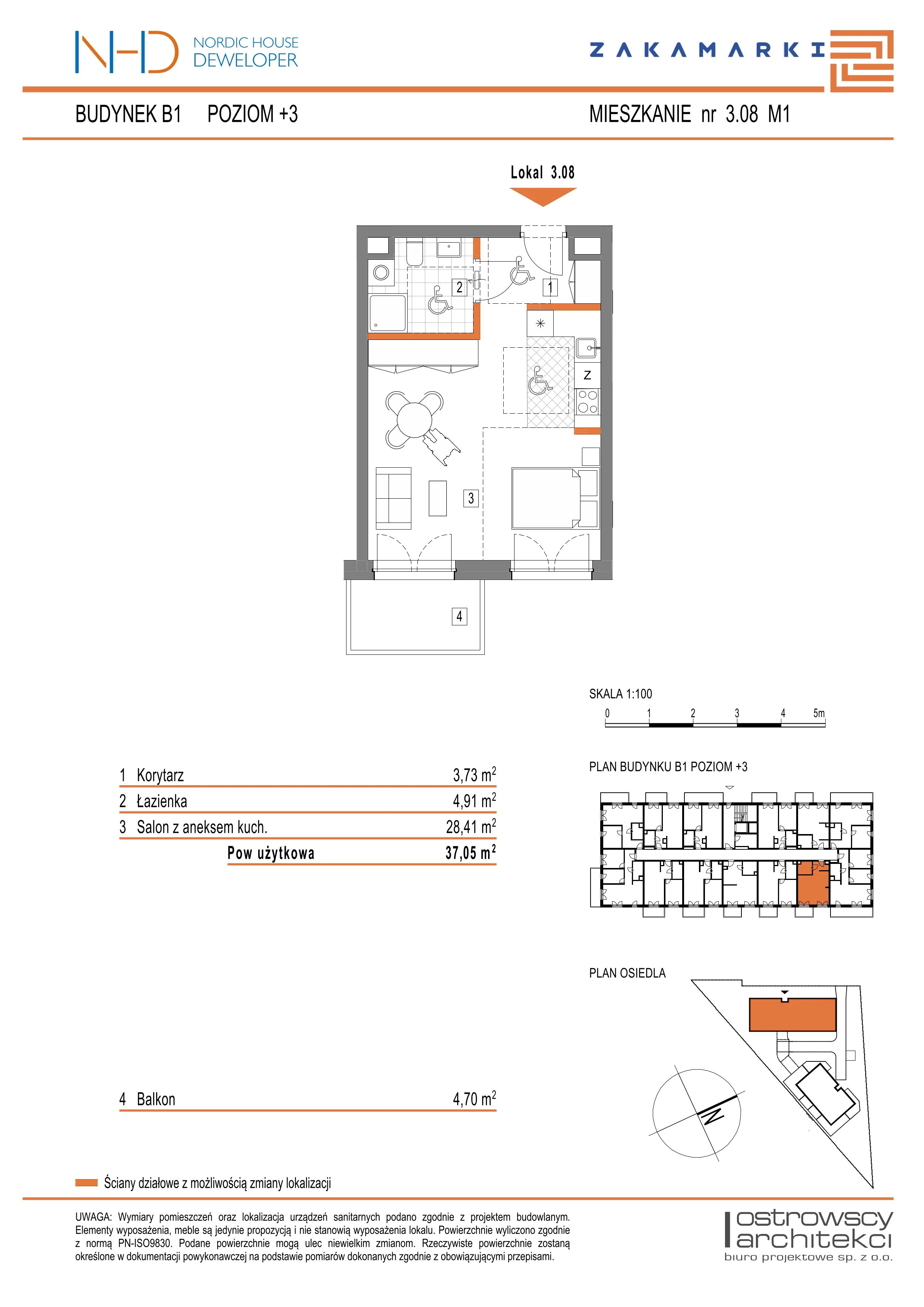 Mieszkanie 37,05 m², piętro 3, oferta nr B1.3.08, Zakamarki, Marki, Aleja Marszałka Józefa Piłsudskiego 102