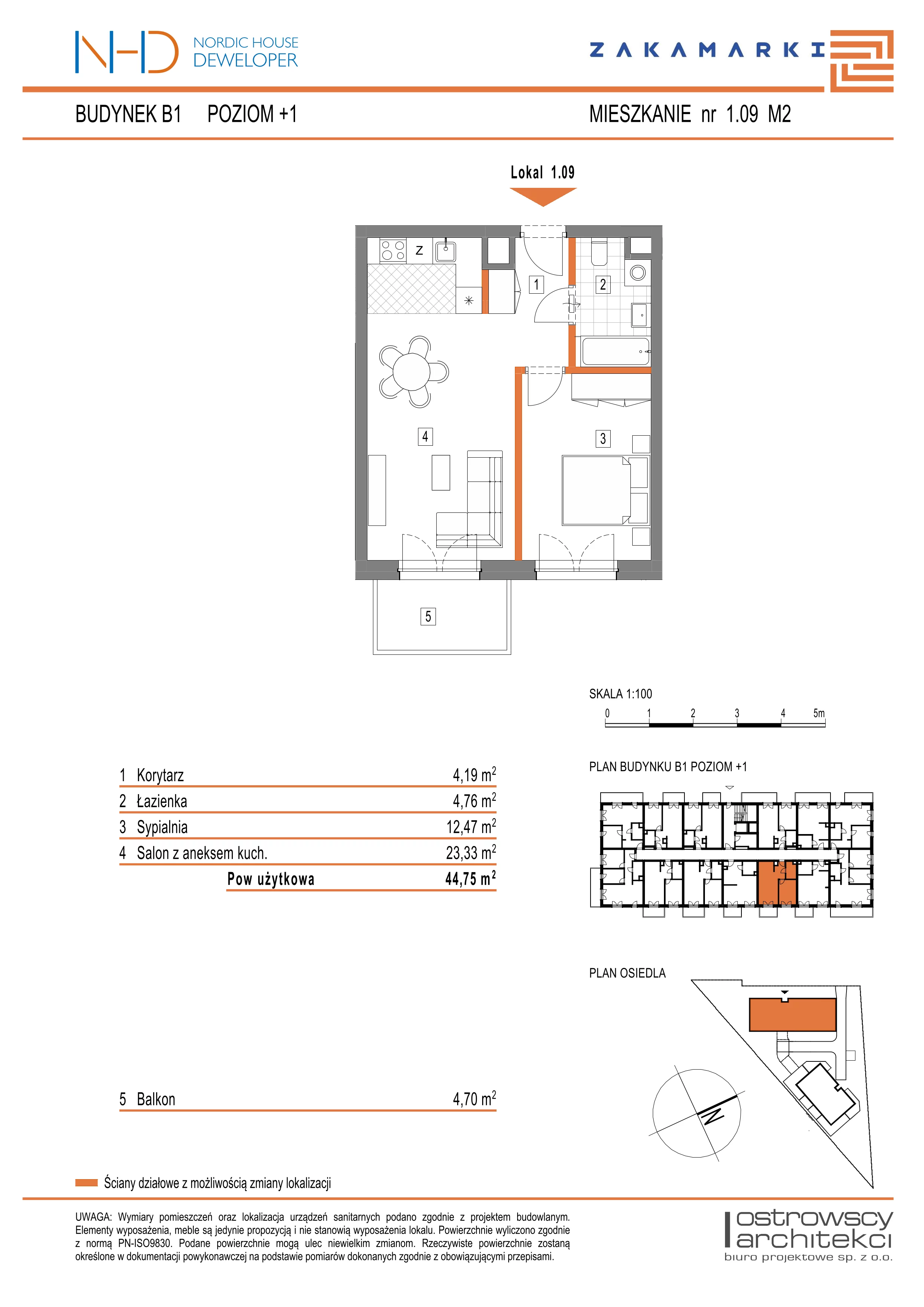 Mieszkanie 44,75 m², piętro 1, oferta nr B1.1.09, Zakamarki, Marki, Aleja Marszałka Józefa Piłsudskiego 102