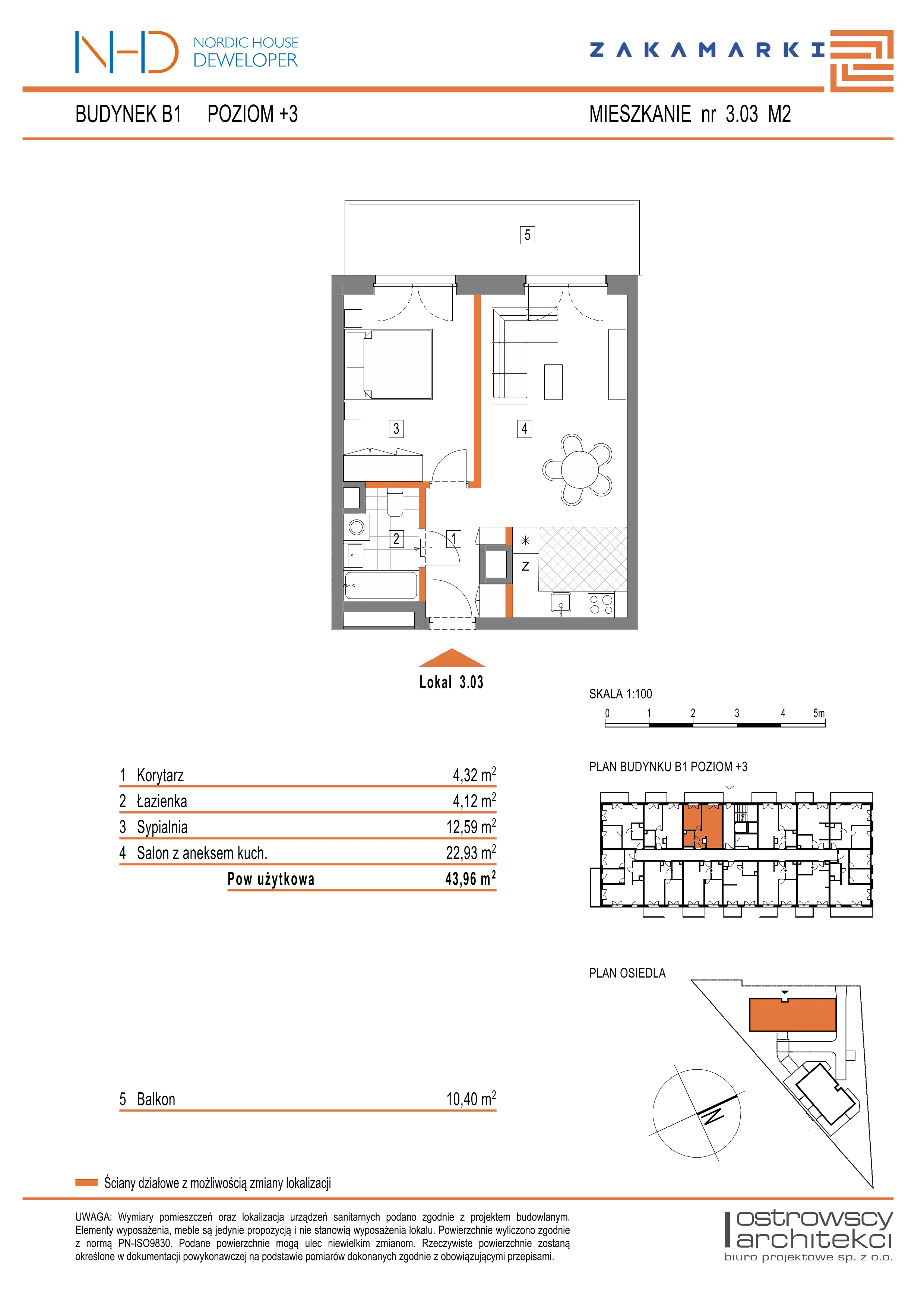 Mieszkanie 43,96 m², piętro 3, oferta nr B1.3.03, Zakamarki, Marki, Aleja Marszałka Józefa Piłsudskiego 102