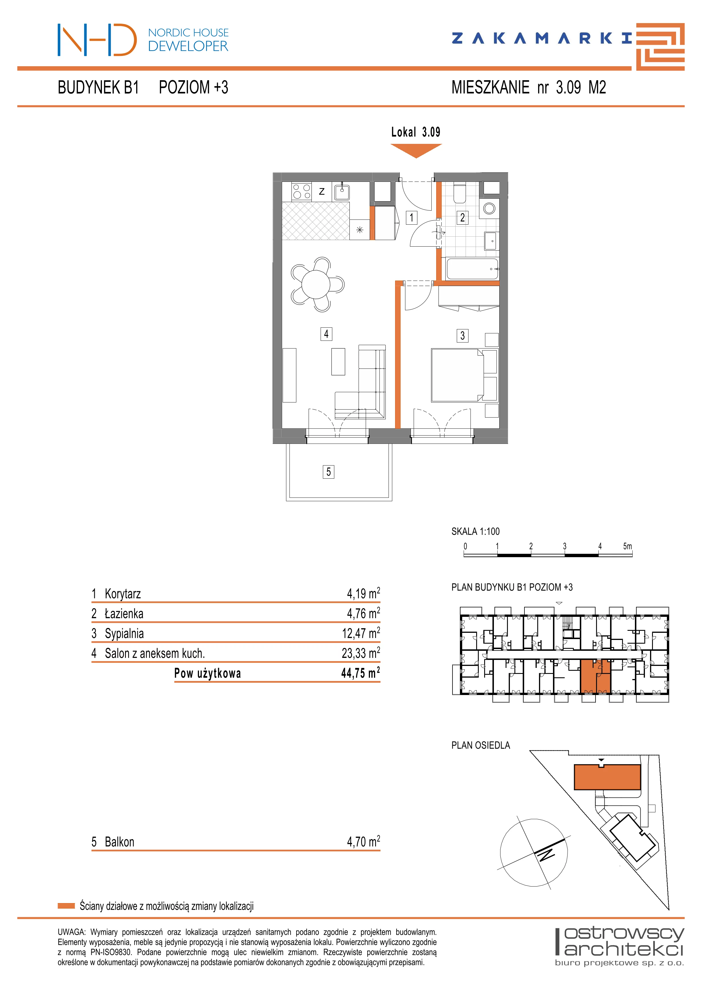 Mieszkanie 44,75 m², piętro 3, oferta nr B1.3.09, Zakamarki, Marki, Aleja Marszałka Józefa Piłsudskiego 102