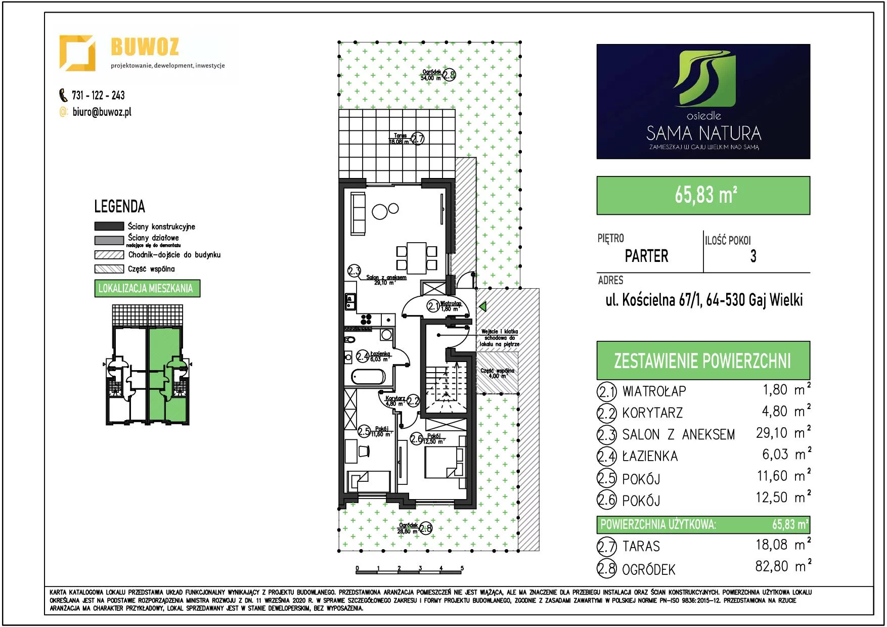 Mieszkanie 65,83 m², parter, oferta nr 67/1, Osiedle Sama Natura, Gaj Wielki, ul. Kościelna 65