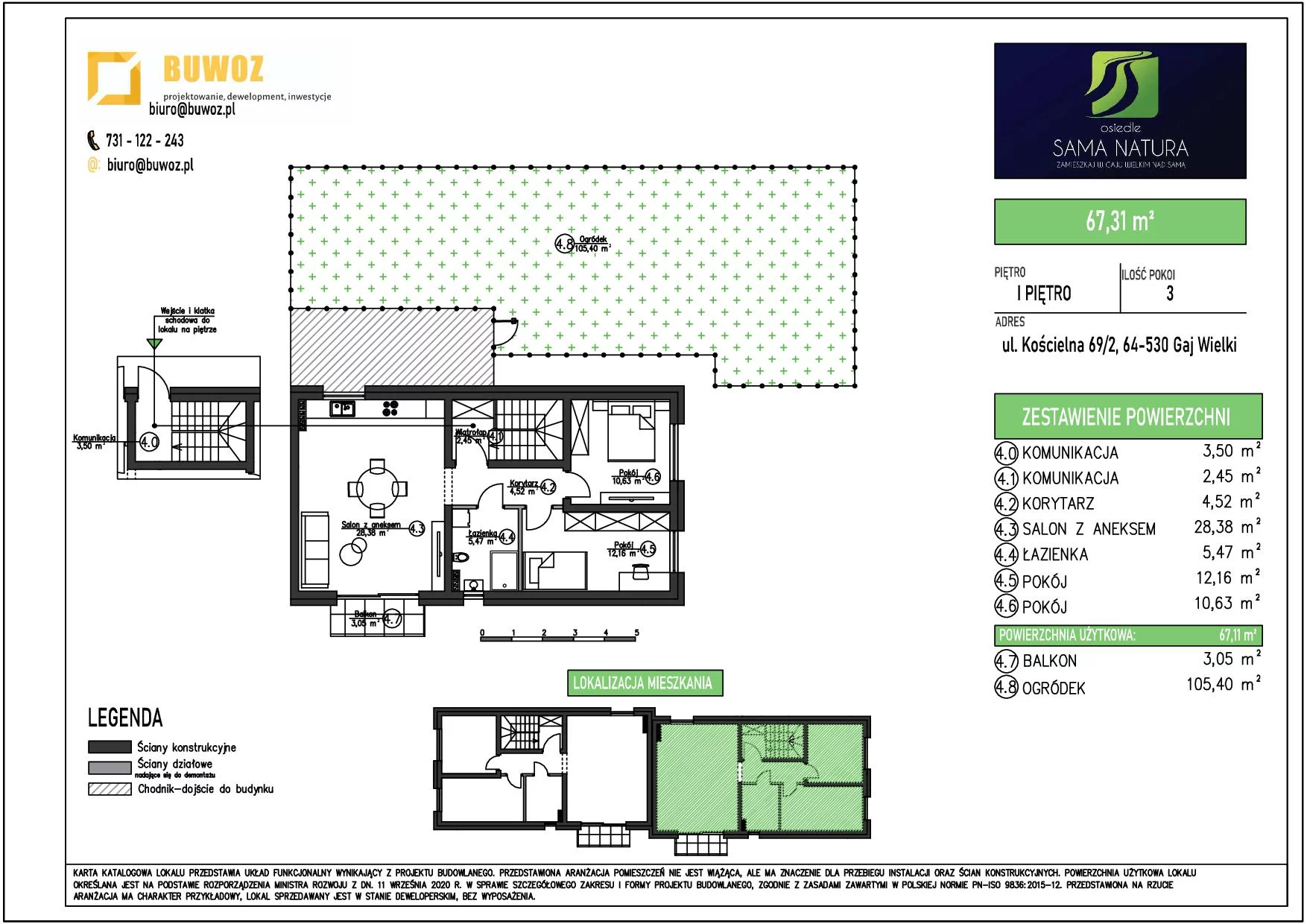 Mieszkanie 67,31 m², piętro 1, oferta nr 69/2, Osiedle Sama Natura, Gaj Wielki, ul. Kościelna 65