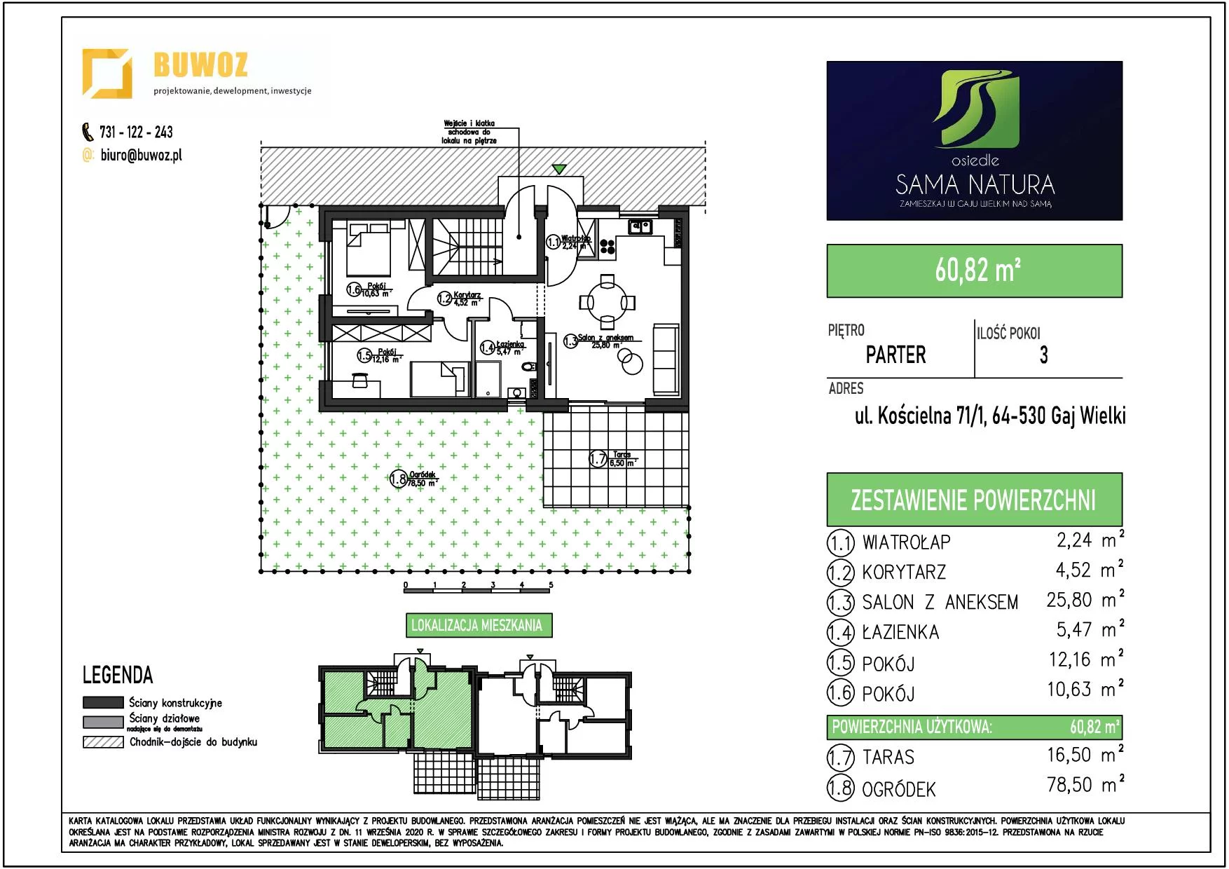 Mieszkanie 60,82 m², parter, oferta nr 71/1, Osiedle Sama Natura, Gaj Wielki, ul. Kościelna 65