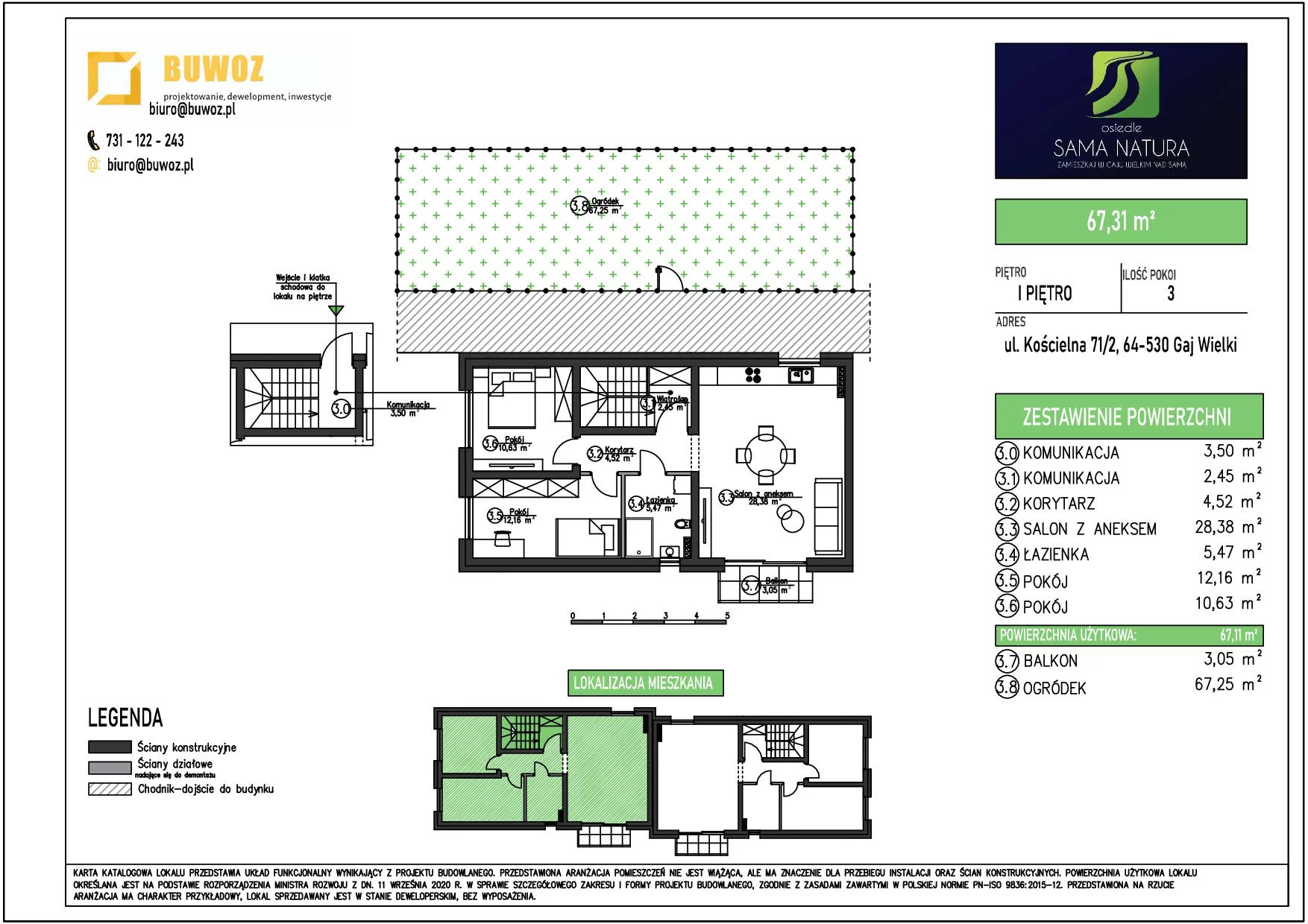 Mieszkanie 67,31 m², piętro 1, oferta nr 71/2, Osiedle Sama Natura, Gaj Wielki, ul. Kościelna 65