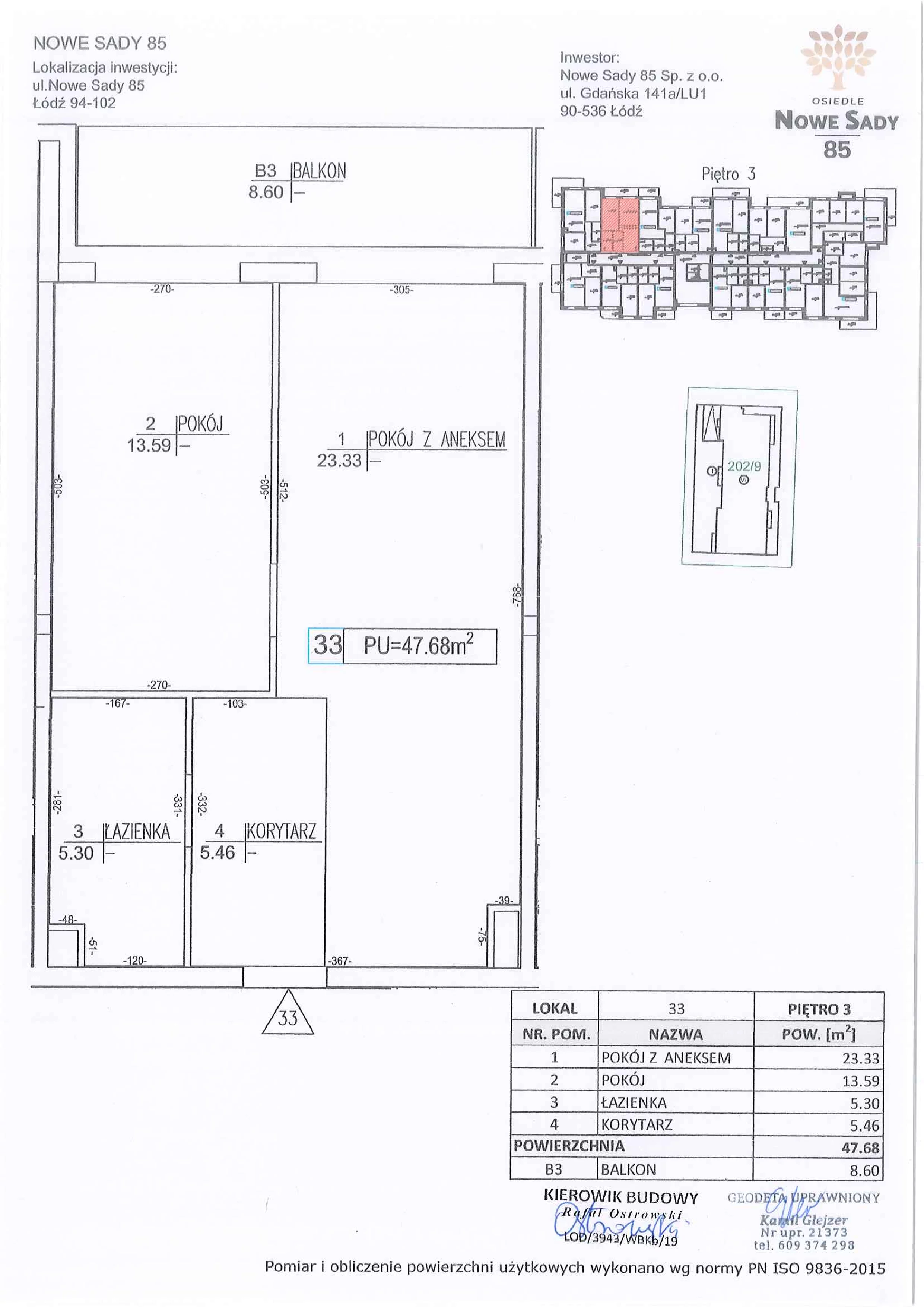 2 pokoje, mieszkanie 47,68 m², piętro 3, oferta nr M33, Nowe Sady 85, Łódź, Polesie, ul. Nowe Sady 85