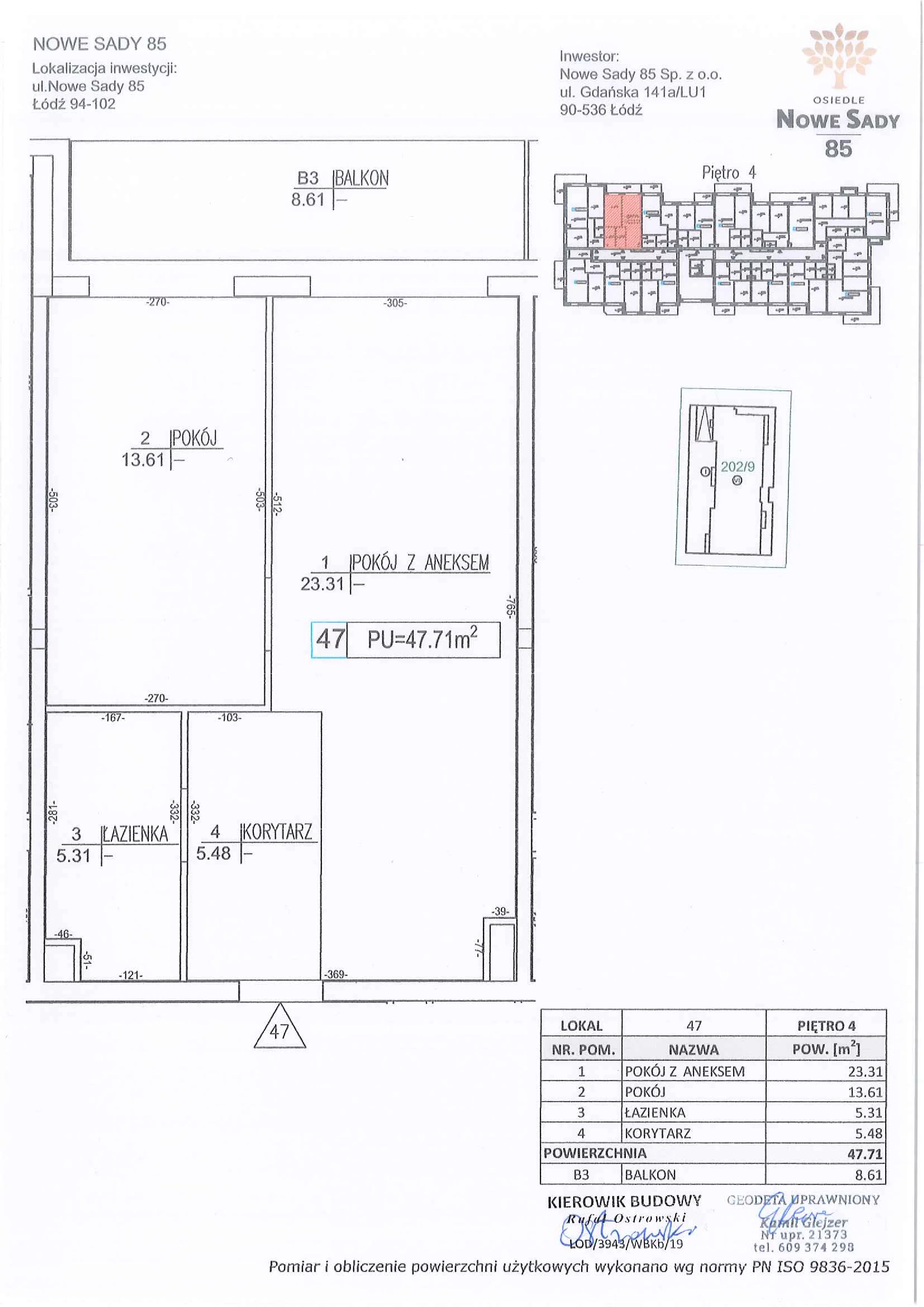 2 pokoje, mieszkanie 47,71 m², piętro 4, oferta nr M47, Nowe Sady 85, Łódź, Polesie, ul. Nowe Sady 85