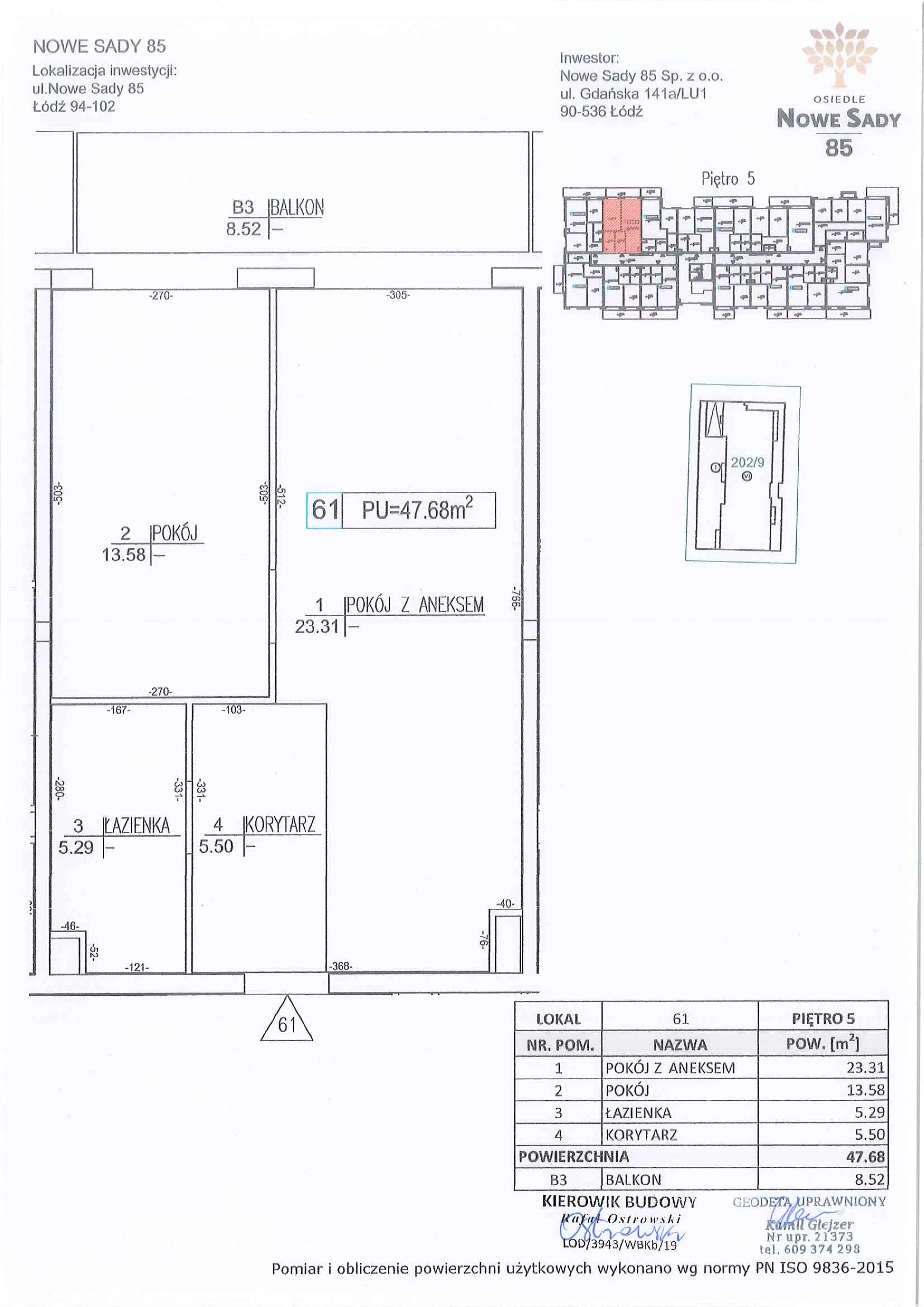2 pokoje, mieszkanie 47,68 m², piętro 5, oferta nr M61, Nowe Sady 85, Łódź, Polesie, ul. Nowe Sady 85