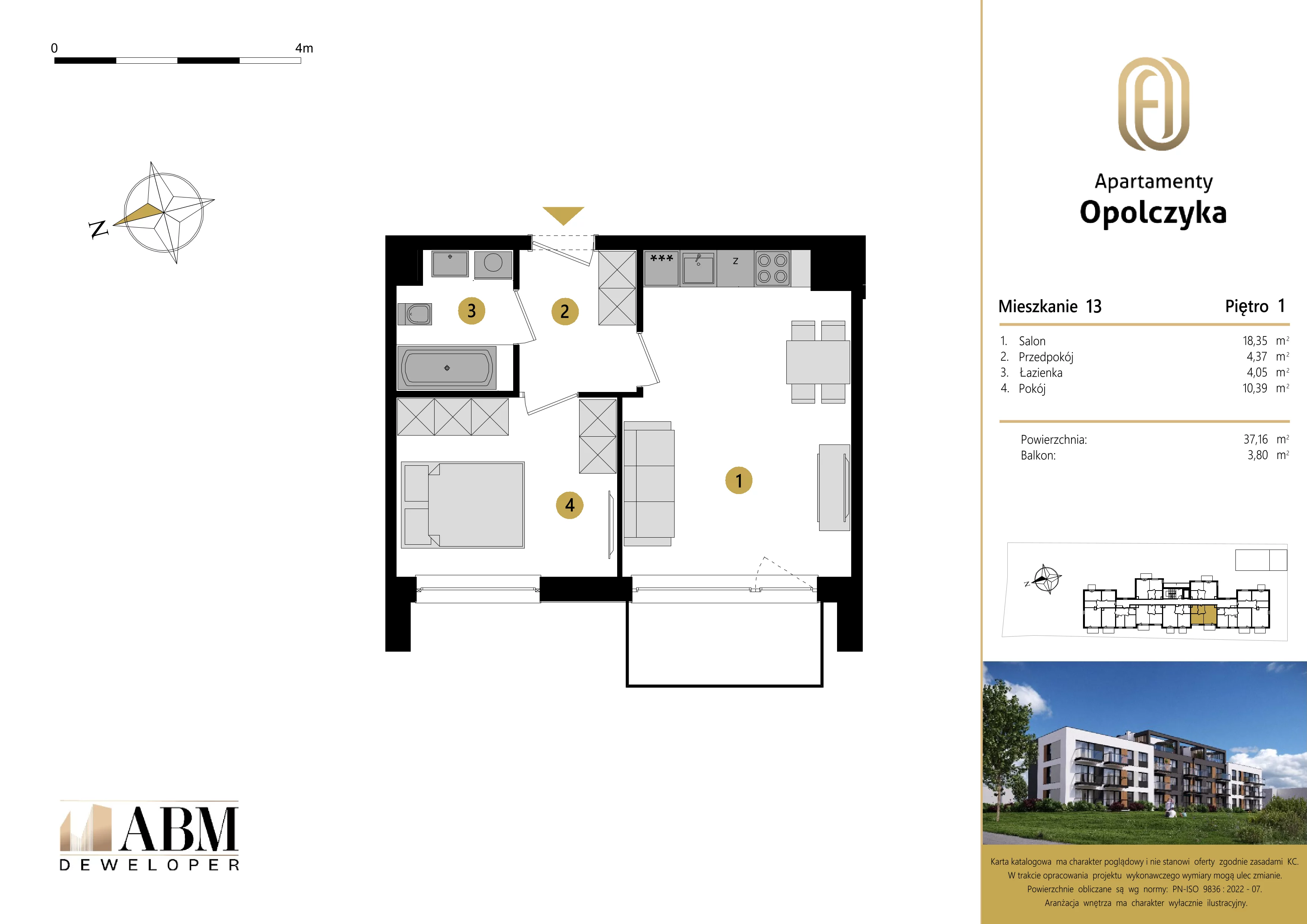 2 pokoje, mieszkanie 37,16 m², piętro 1, oferta nr M13, Apartamenty Opolczyka, Łódź, Widzew, Olechów, ul. Opolczyka 16