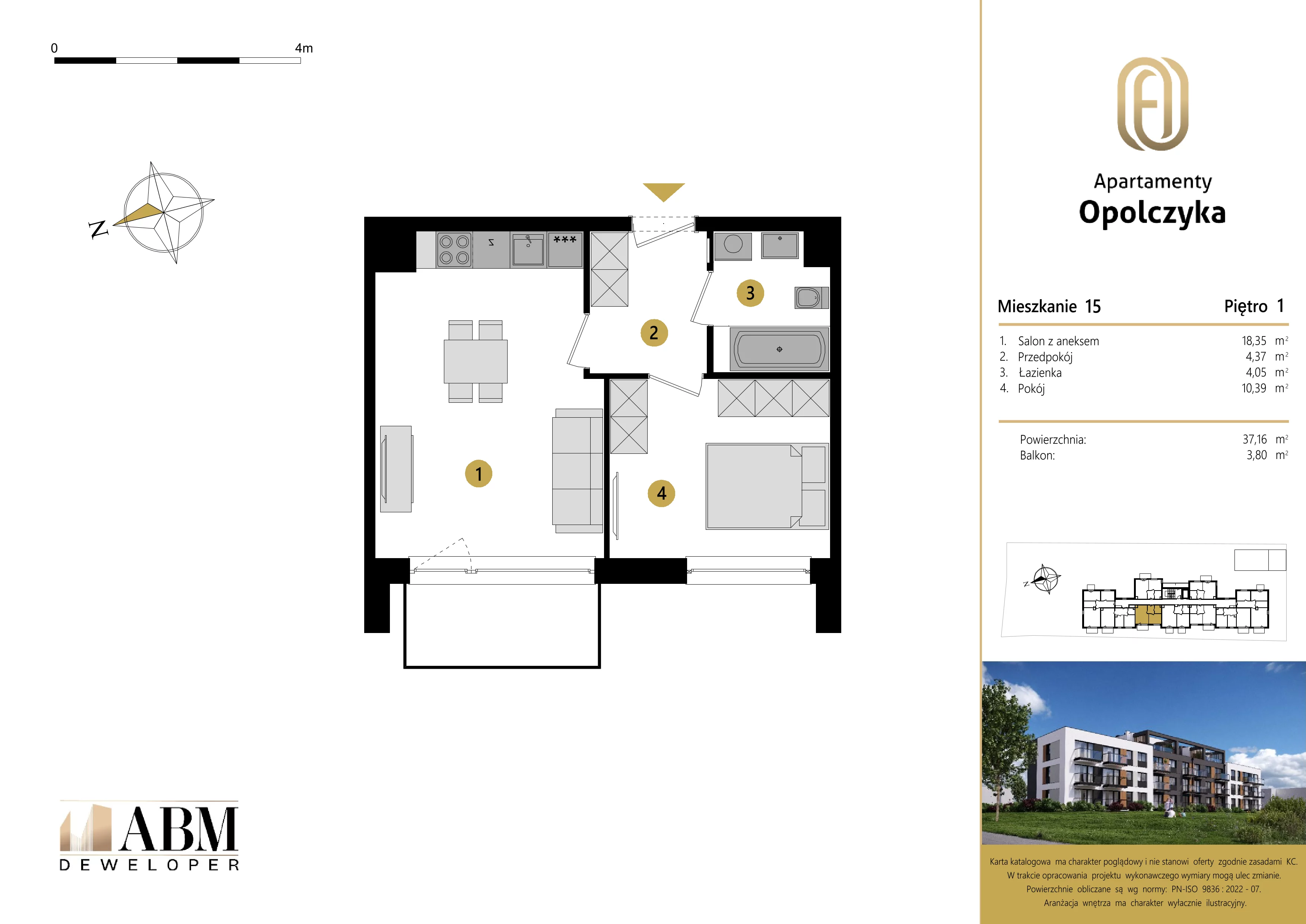 2 pokoje, mieszkanie 37,16 m², piętro 1, oferta nr M15, Apartamenty Opolczyka, Łódź, Widzew, Olechów, ul. Opolczyka 16