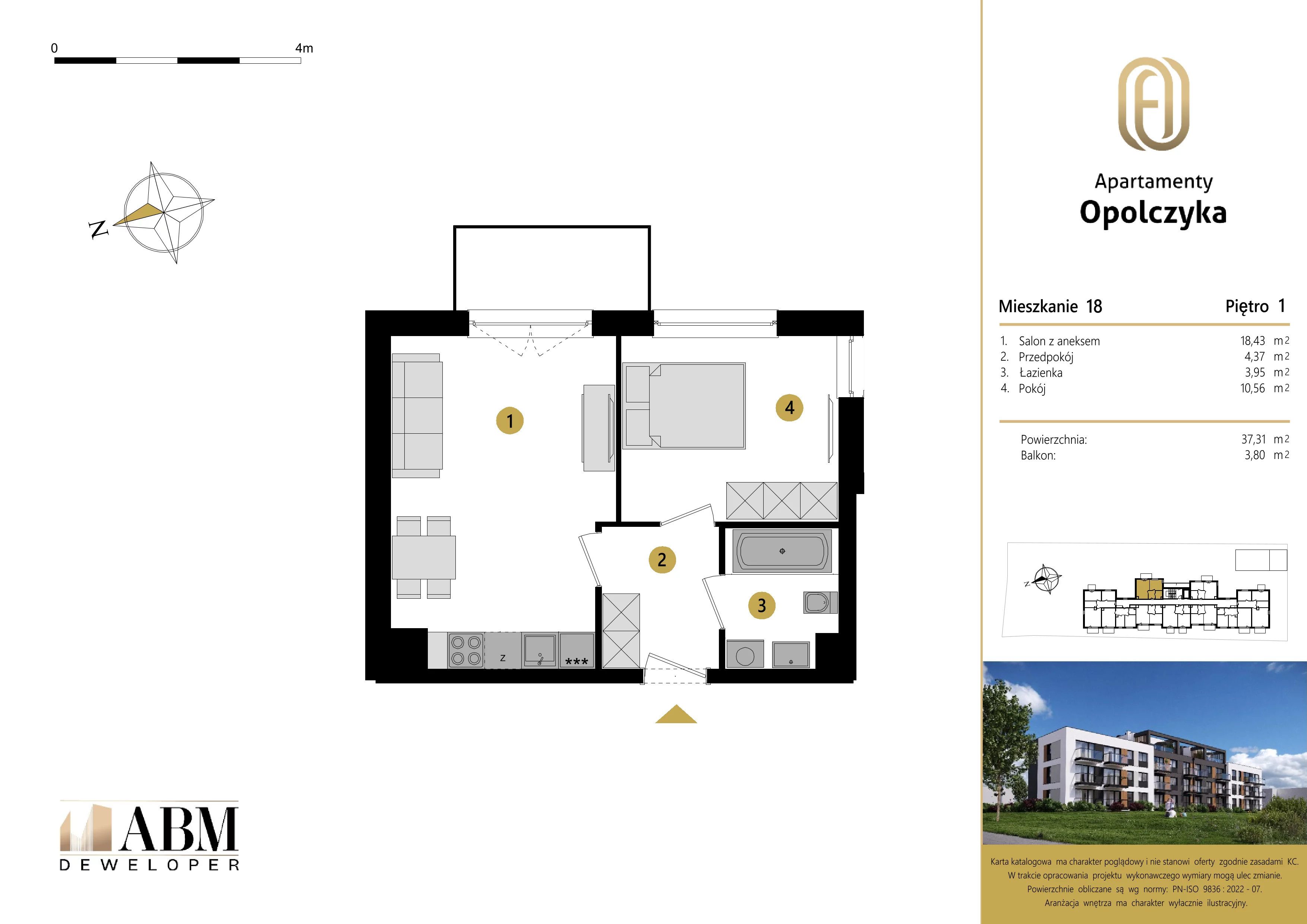 2 pokoje, mieszkanie 37,31 m², piętro 1, oferta nr M18, Apartamenty Opolczyka, Łódź, Widzew, Olechów, ul. Opolczyka 16
