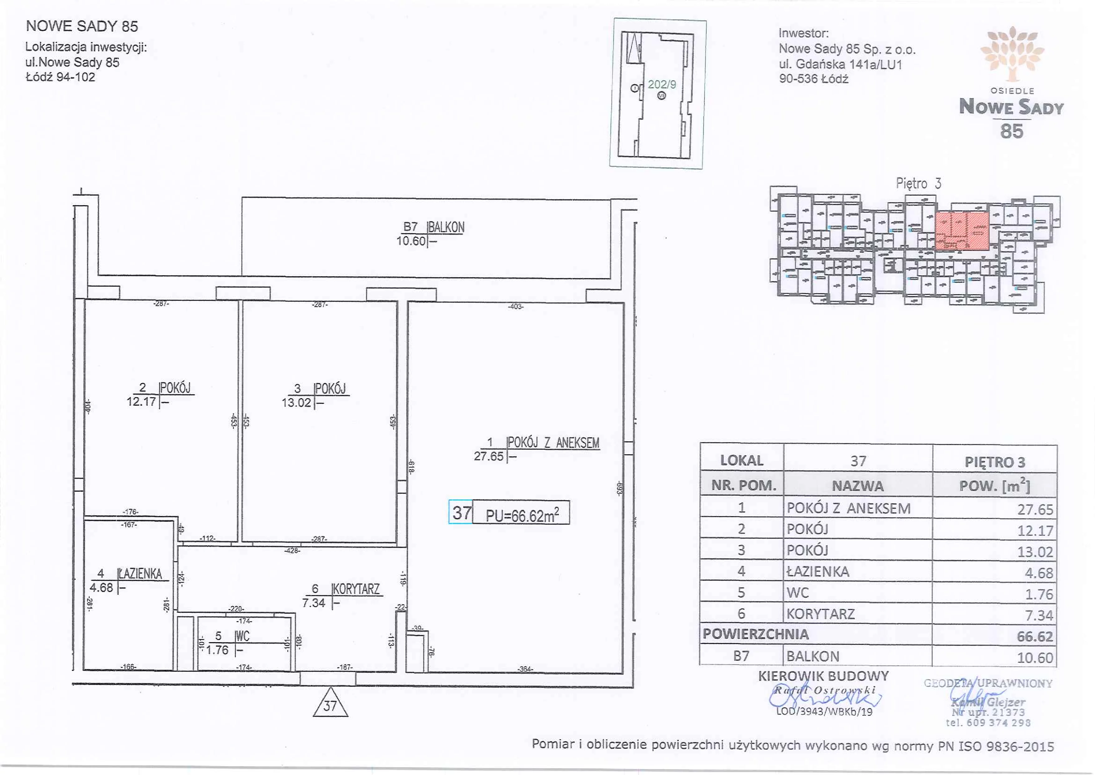 3 pokoje, mieszkanie 66,62 m², piętro 3, oferta nr M37, Nowe Sady 85, Łódź, Polesie, ul. Nowe Sady 85