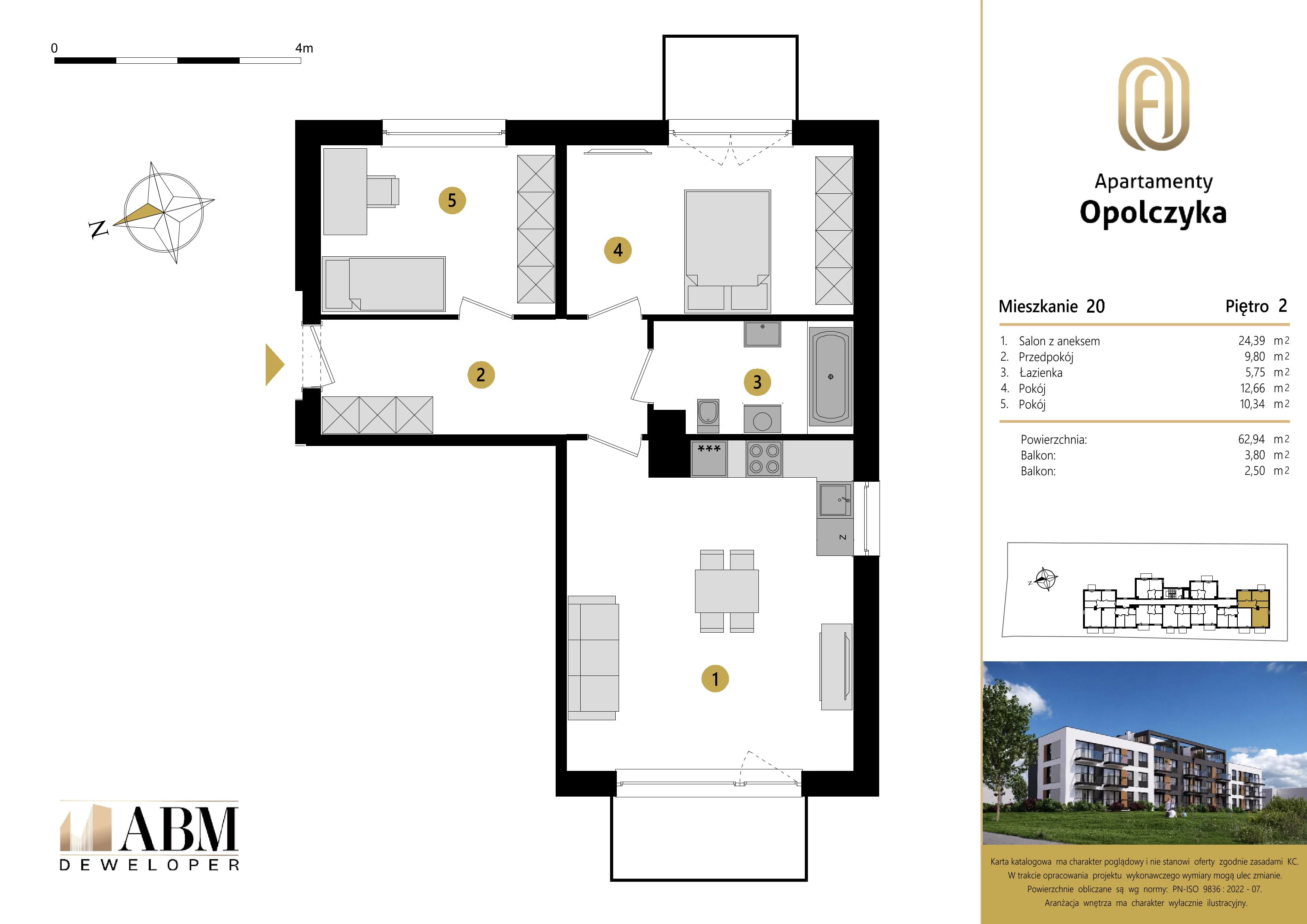 3 pokoje, mieszkanie 62,94 m², piętro 2, oferta nr M20, Apartamenty Opolczyka, Łódź, Widzew, Olechów, ul. Opolczyka 16