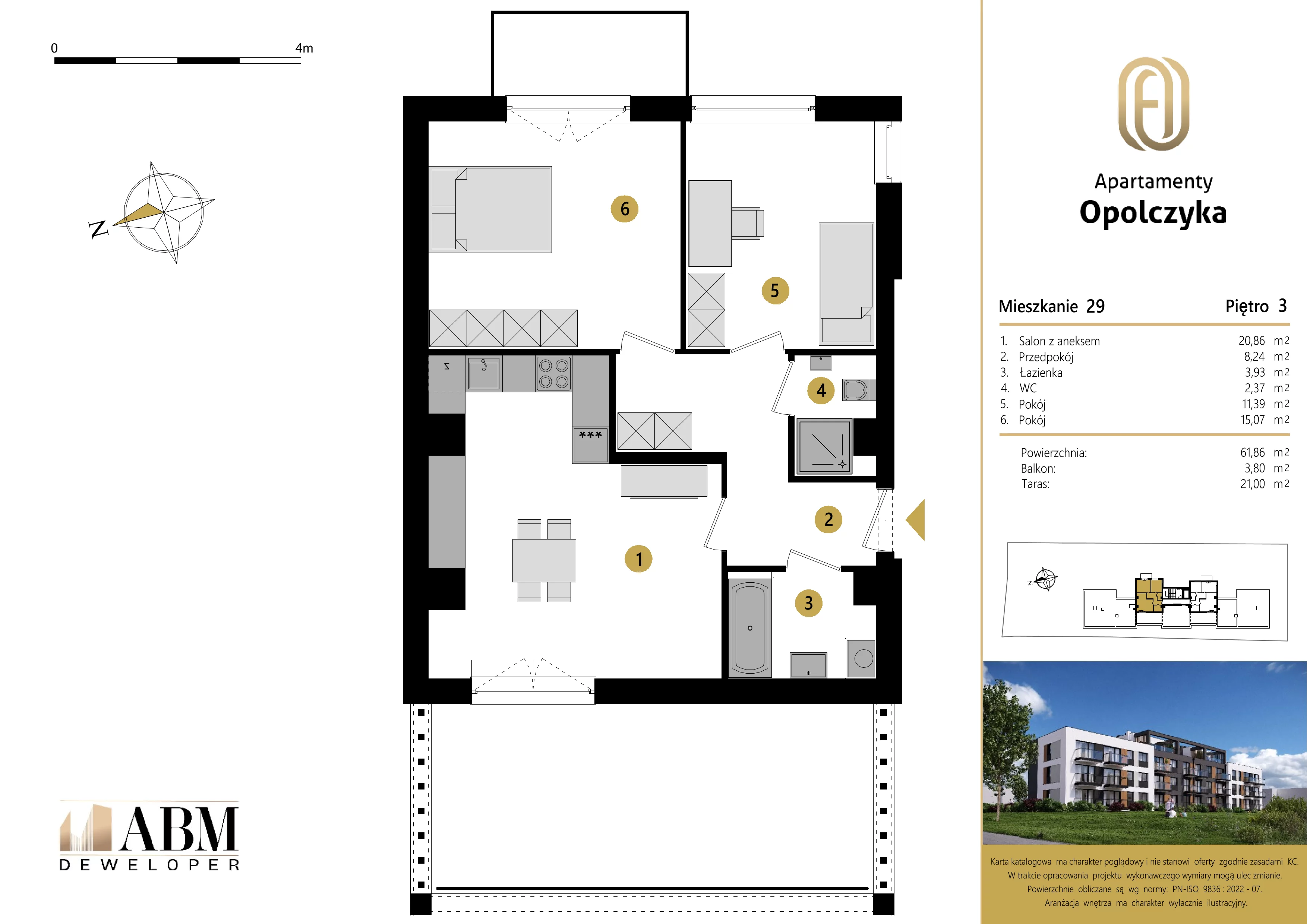 3 pokoje, mieszkanie 61,86 m², piętro 3, oferta nr M29, Apartamenty Opolczyka, Łódź, Widzew, Olechów, ul. Opolczyka 16