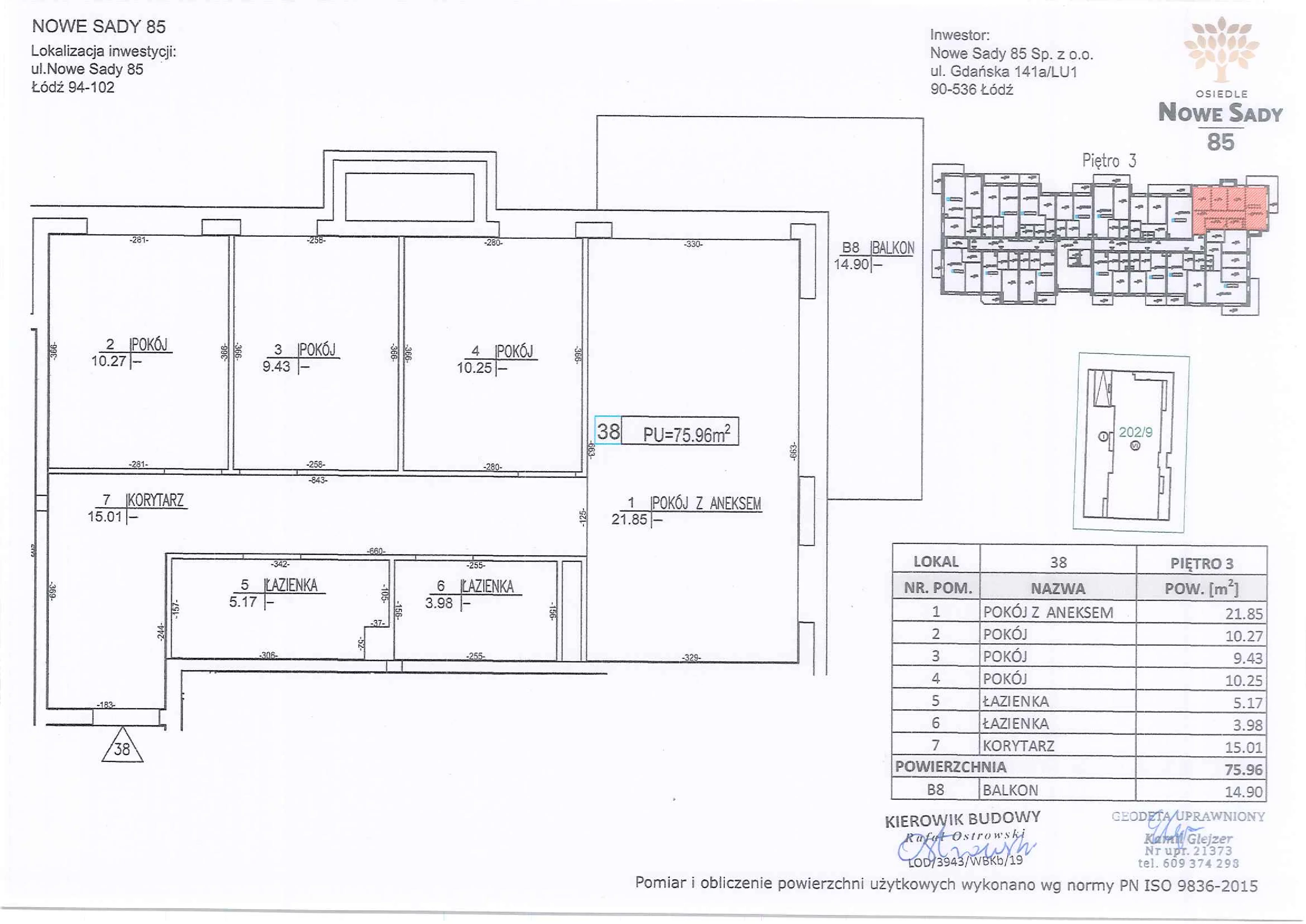 4 pokoje, mieszkanie 75,96 m², piętro 3, oferta nr M38, Nowe Sady 85, Łódź, Polesie, ul. Nowe Sady 85