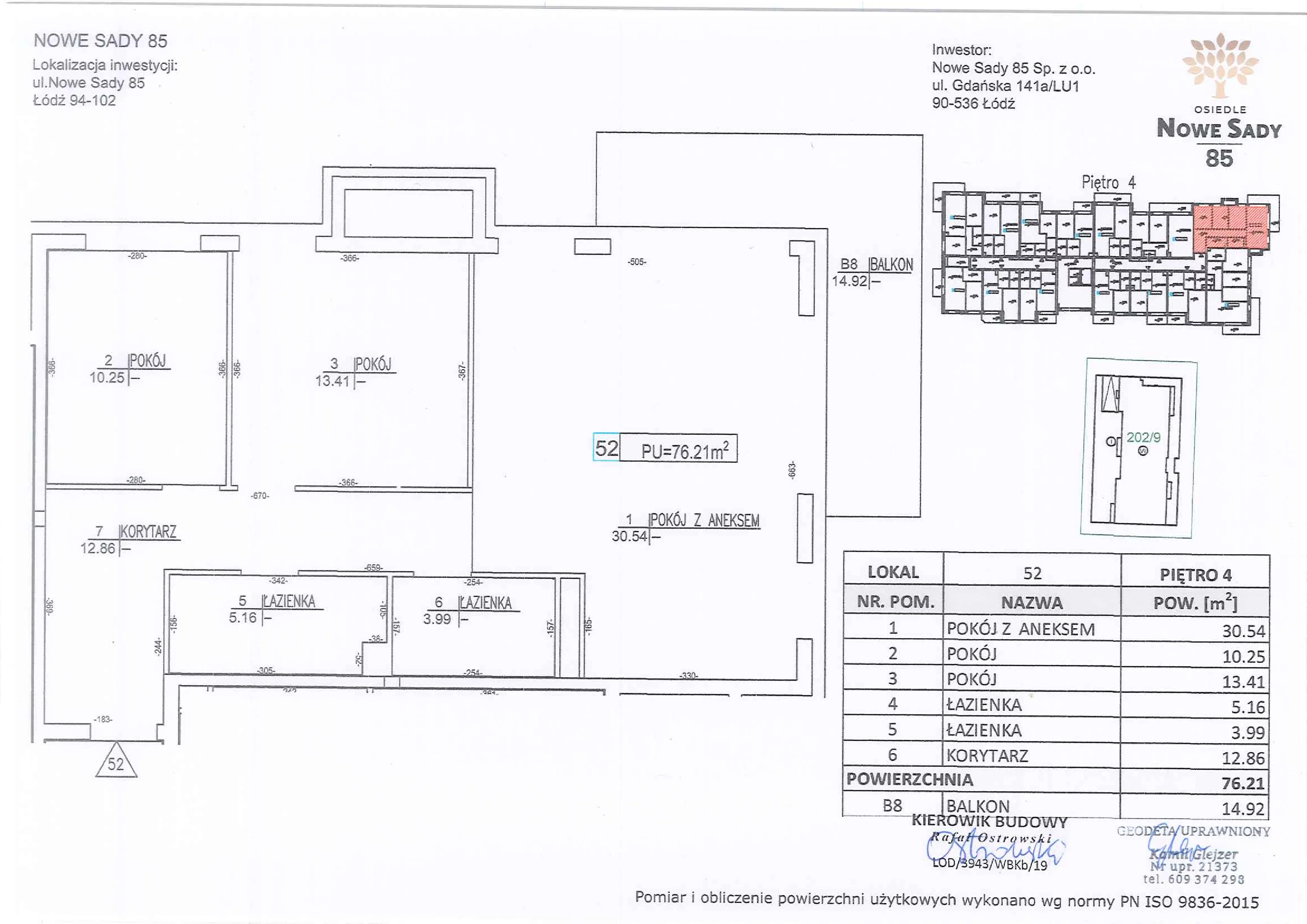 4 pokoje, mieszkanie 76,21 m², piętro 4, oferta nr M52, Nowe Sady 85, Łódź, Polesie, ul. Nowe Sady 85