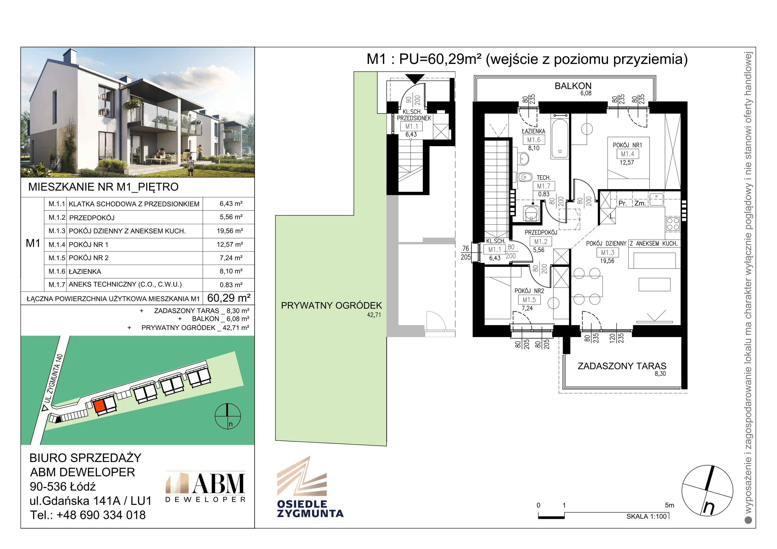 Mieszkanie 60,29 m², piętro 1, oferta nr M1, Osiedle Zygmunta, Łódź, Górna, ul. Zygmunta 24