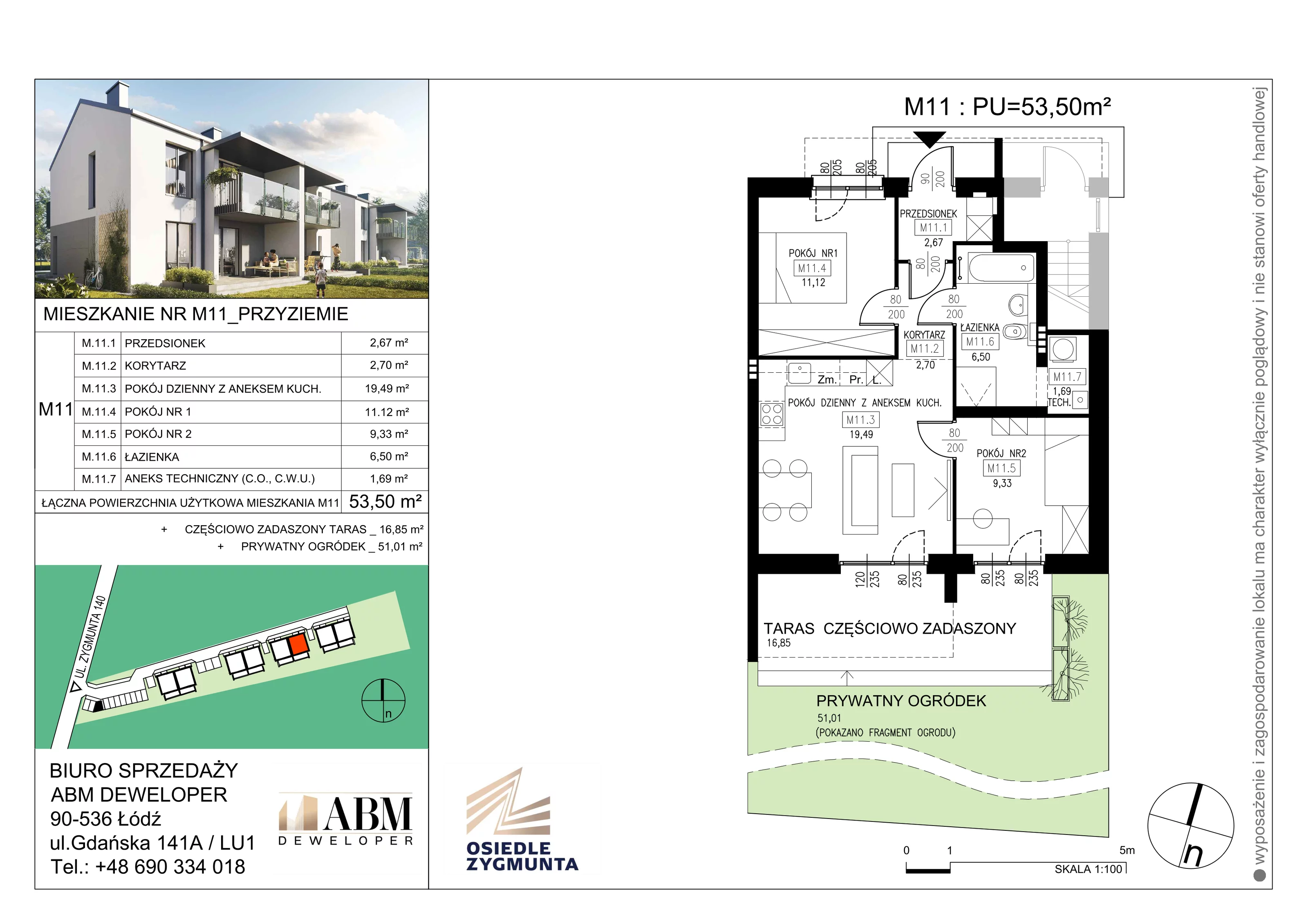 Mieszkanie 53,50 m², parter, oferta nr M11, Osiedle Zygmunta, Łódź, Górna, ul. Zygmunta 24