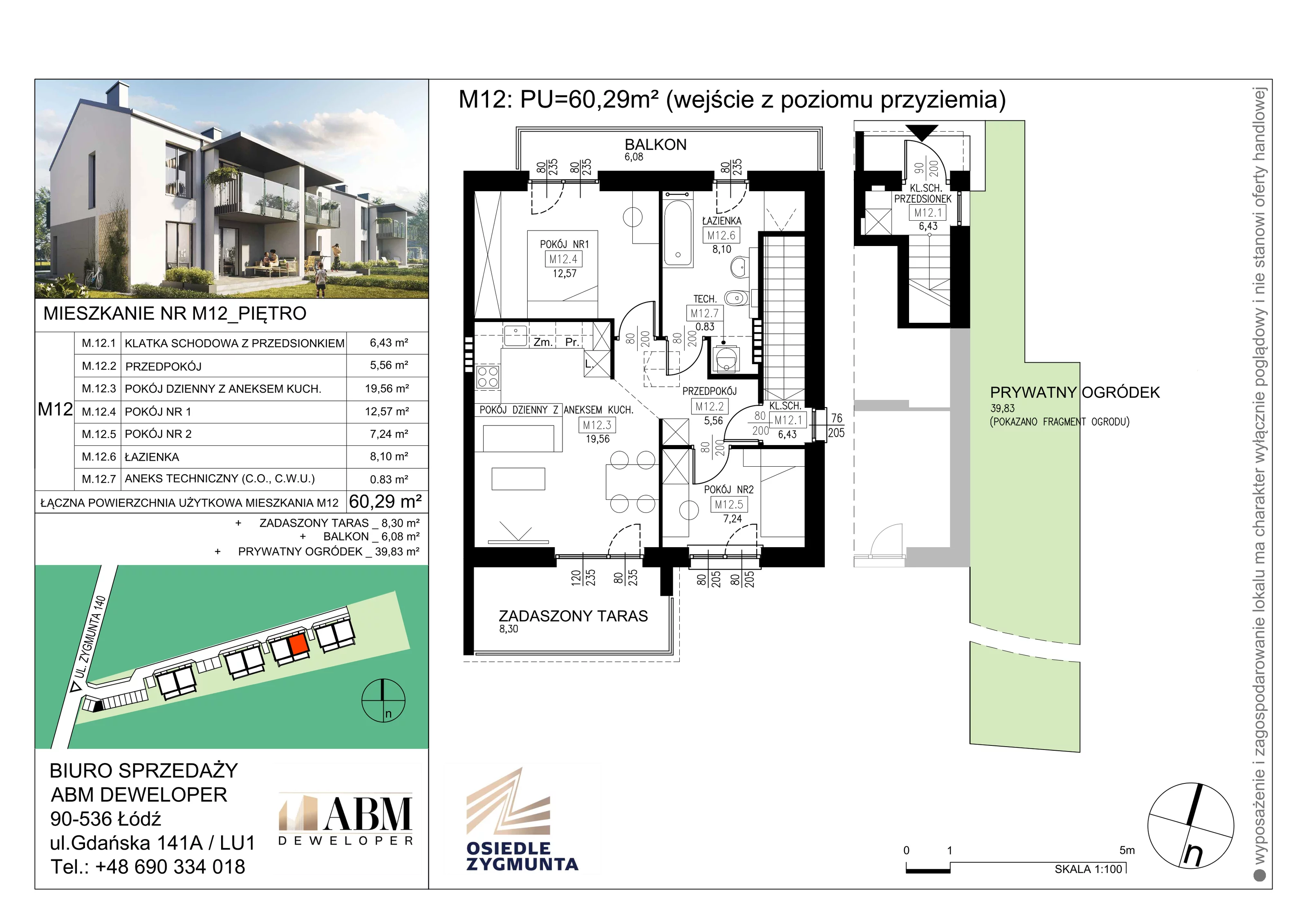 Mieszkanie 60,29 m², piętro 1, oferta nr M12, Osiedle Zygmunta, Łódź, Górna, ul. Zygmunta 24