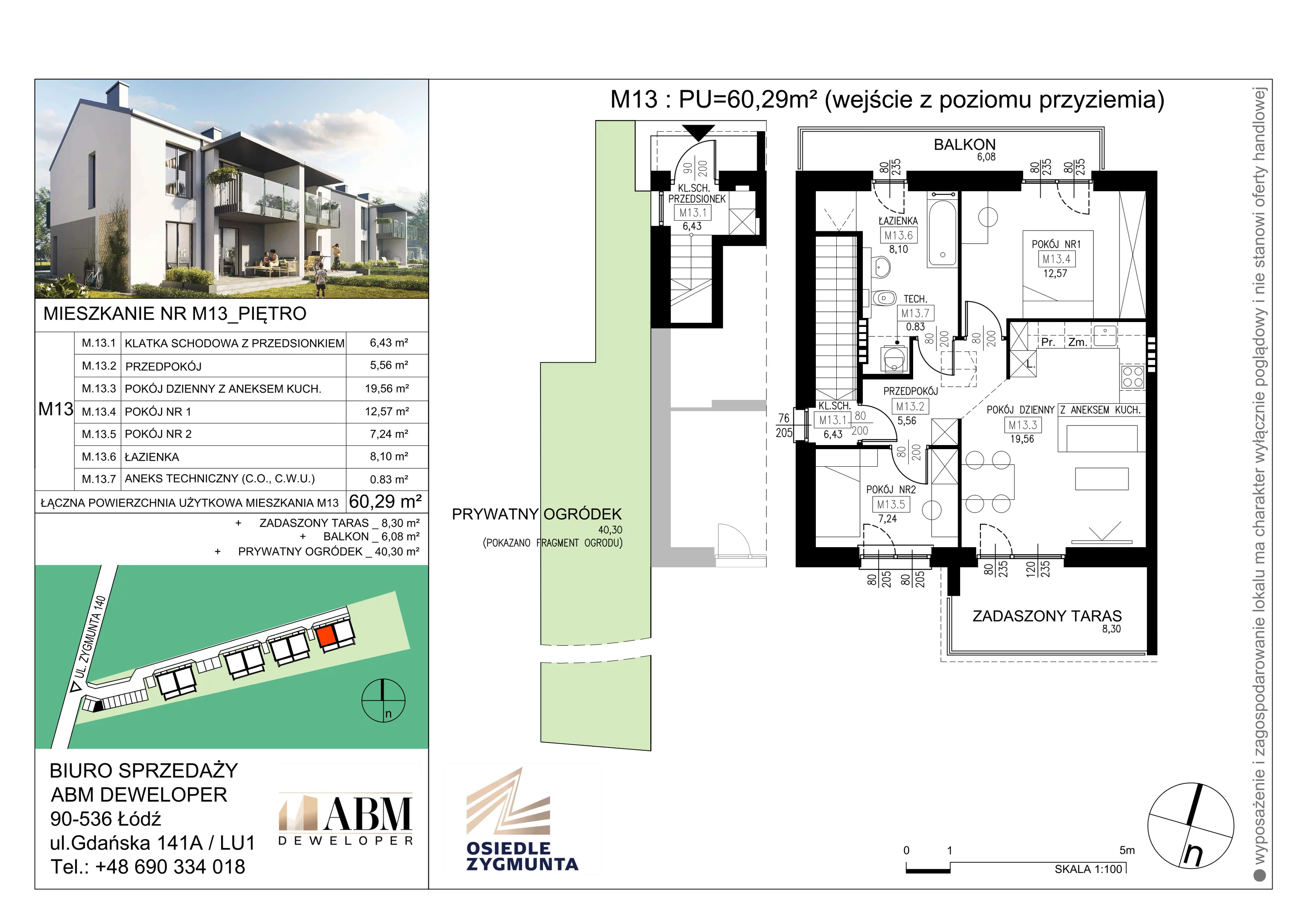 Mieszkanie 60,29 m², piętro 1, oferta nr M13, Osiedle Zygmunta, Łódź, Górna, ul. Zygmunta 24