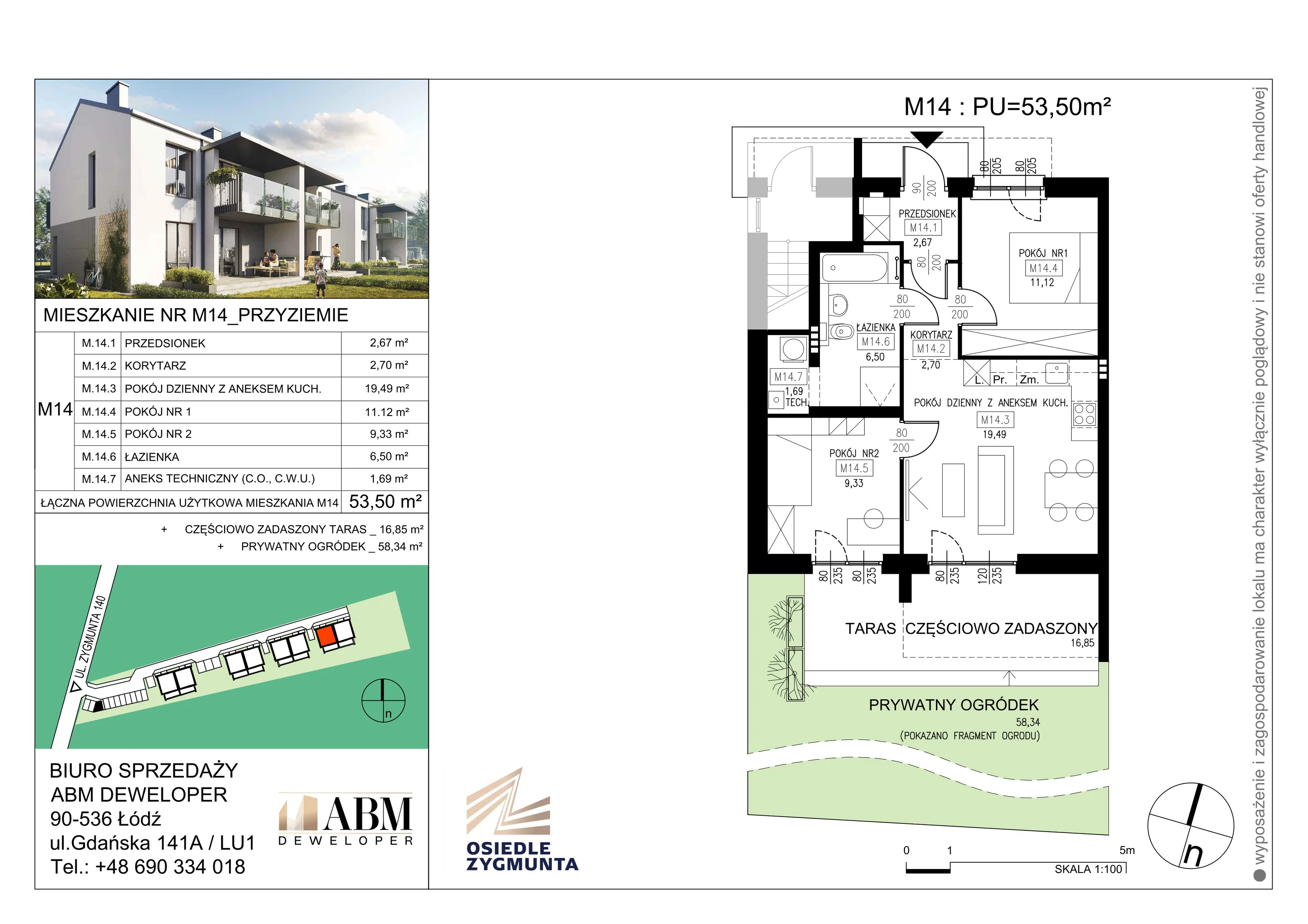 Mieszkanie 53,50 m², parter, oferta nr M14, Osiedle Zygmunta, Łódź, Górna, ul. Zygmunta 24