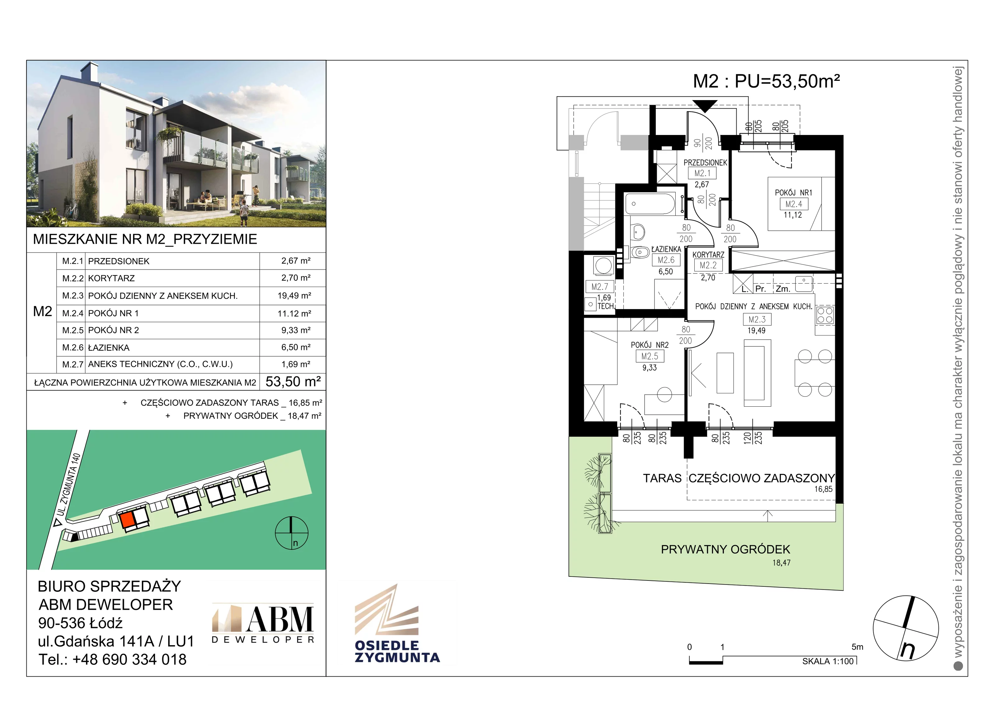 Mieszkanie 53,50 m², parter, oferta nr M2, Osiedle Zygmunta, Łódź, Górna, ul. Zygmunta 24