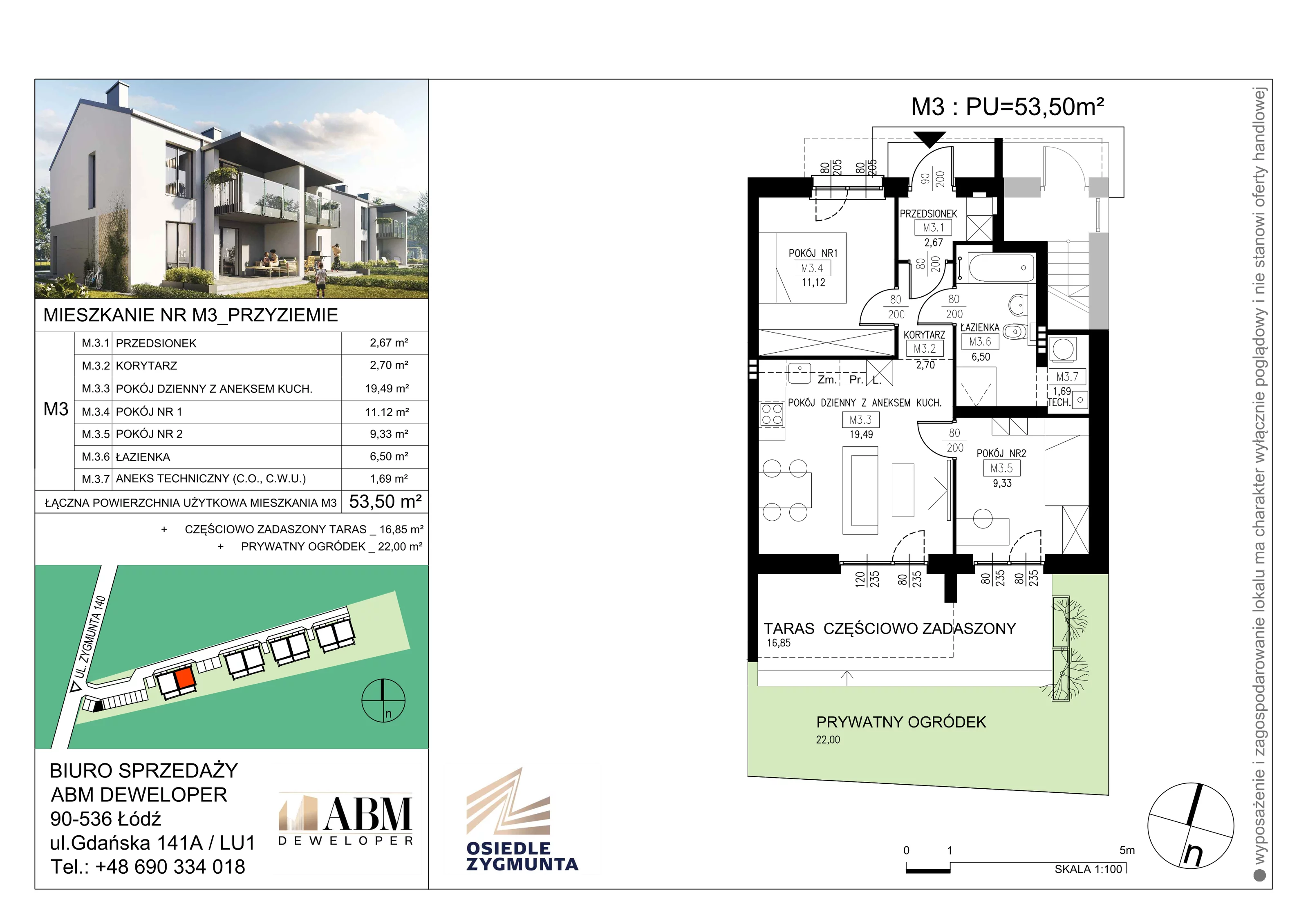 Mieszkanie 53,50 m², parter, oferta nr M3, Osiedle Zygmunta, Łódź, Górna, ul. Zygmunta 24