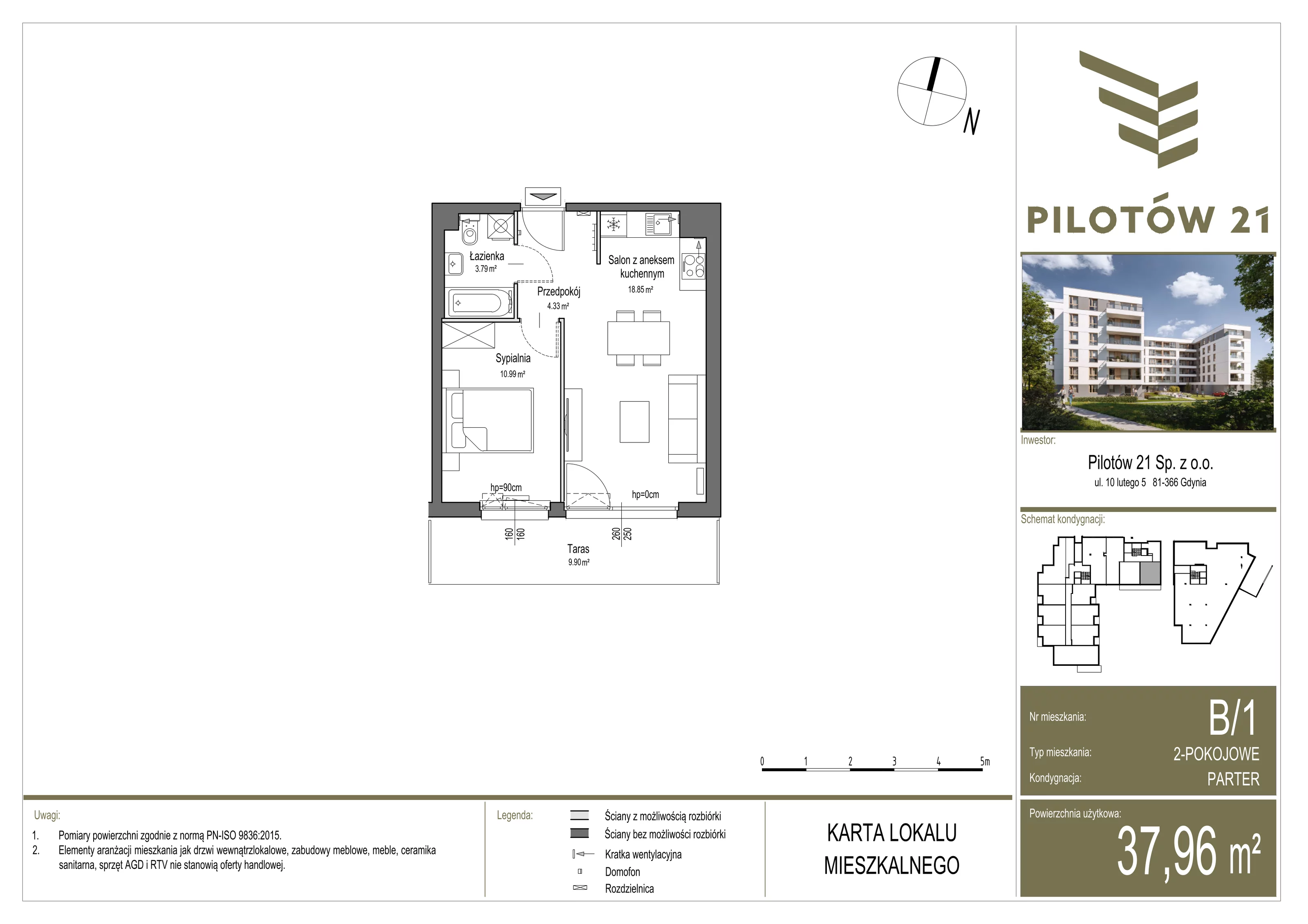 Mieszkanie 37,91 m², parter, oferta nr B/1, Pilotów 21, Gdańsk, Zaspa, Zaspa-Młyniec, ul. Pilotów 21